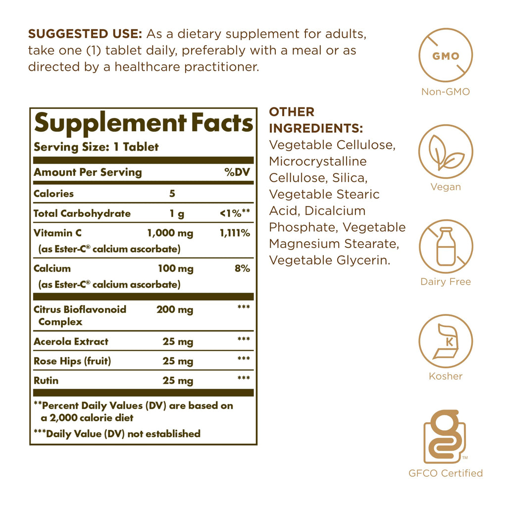 Solgar Ester-C Plus 1000 mg Vitamin C – Gentle, Non-Acidic | 180 Tablets | Non-GMO, Gluten Free