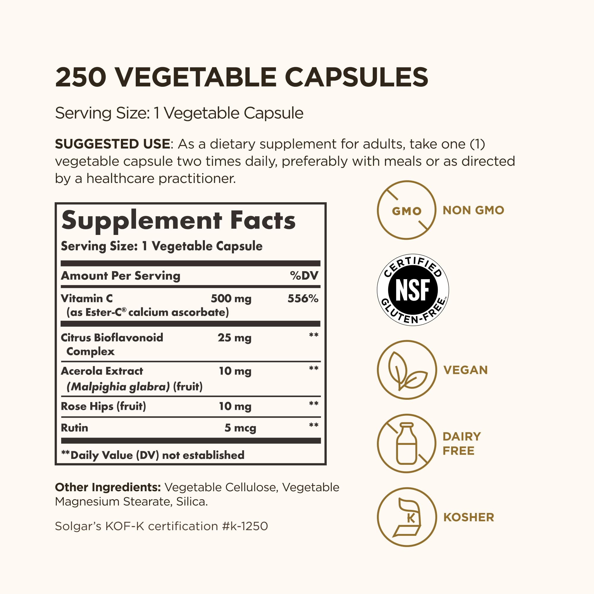 Solgar Ester-C Plus 500 mg Vitamin C – 250 Vegan Capsules | Gentle & Non-Acidic
