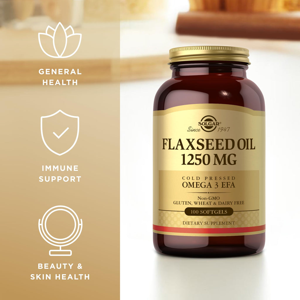 Solgar Flaxseed Oil 1250 mg - 100 Softgels, 3-Pack | Omega-3 ALA | Non-GMO, Gluten Free