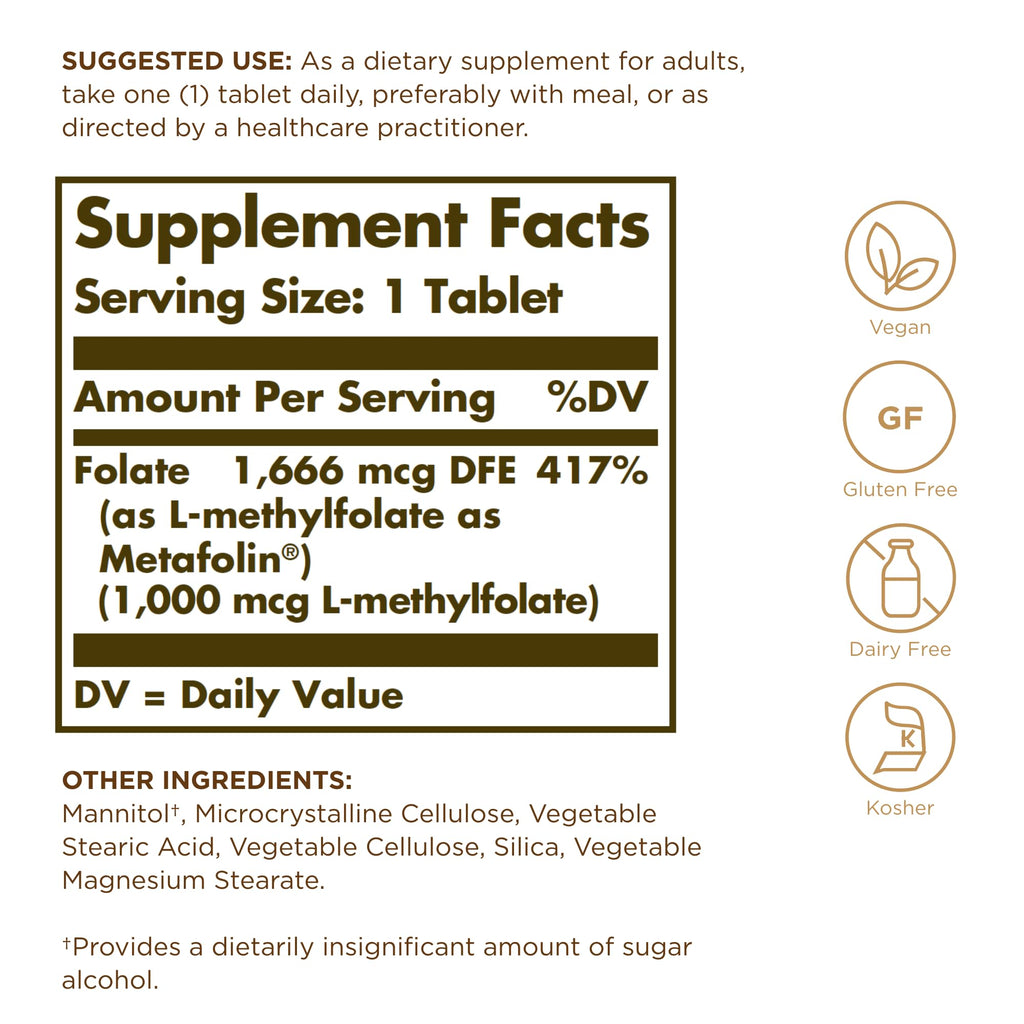 Solgar Folate 1000 mcg Metafolin – 60 Tablets – Vegan, Gluten Free, Dairy Free, Kosher – 60 Servings