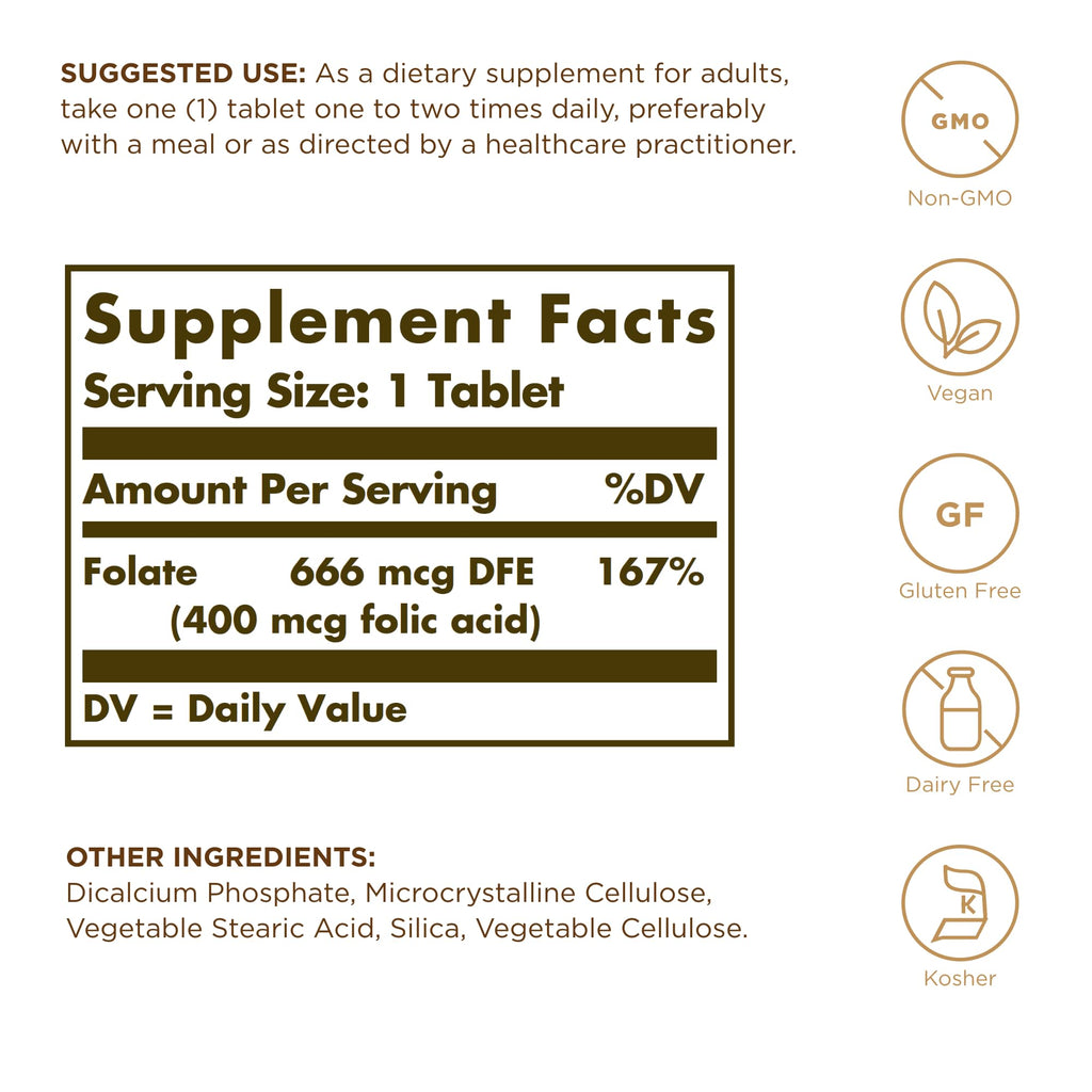 Solgar Folate 666 mcg DFE (Folic Acid 400 mcg) – 250 Tablets | Prenatal Support | Non-GMO, Vegan, Gluten Free, Dairy Free, Kosher