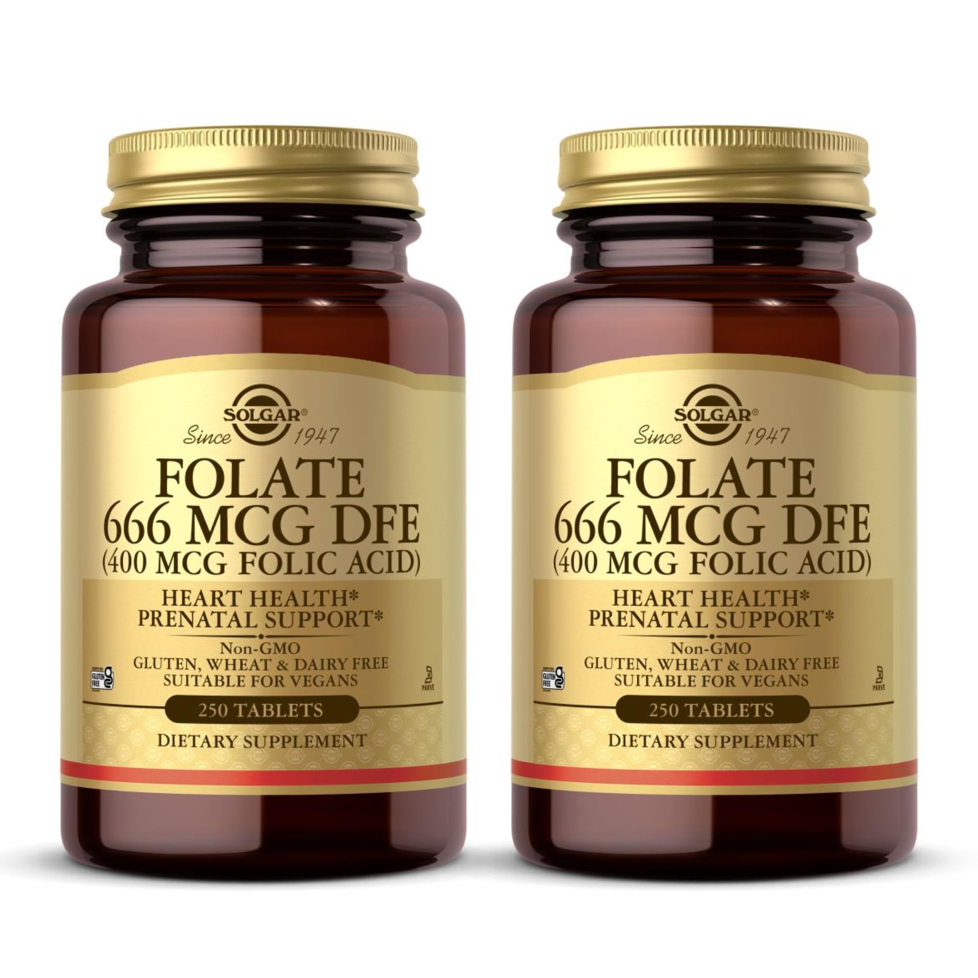 Solgar Folate 666 mcg DFE (Folic Acid 400 mcg) – 250 Tablets × 2 (500 Servings) | Prenatal Support, Non-GMO, Vegan, Gluten Free