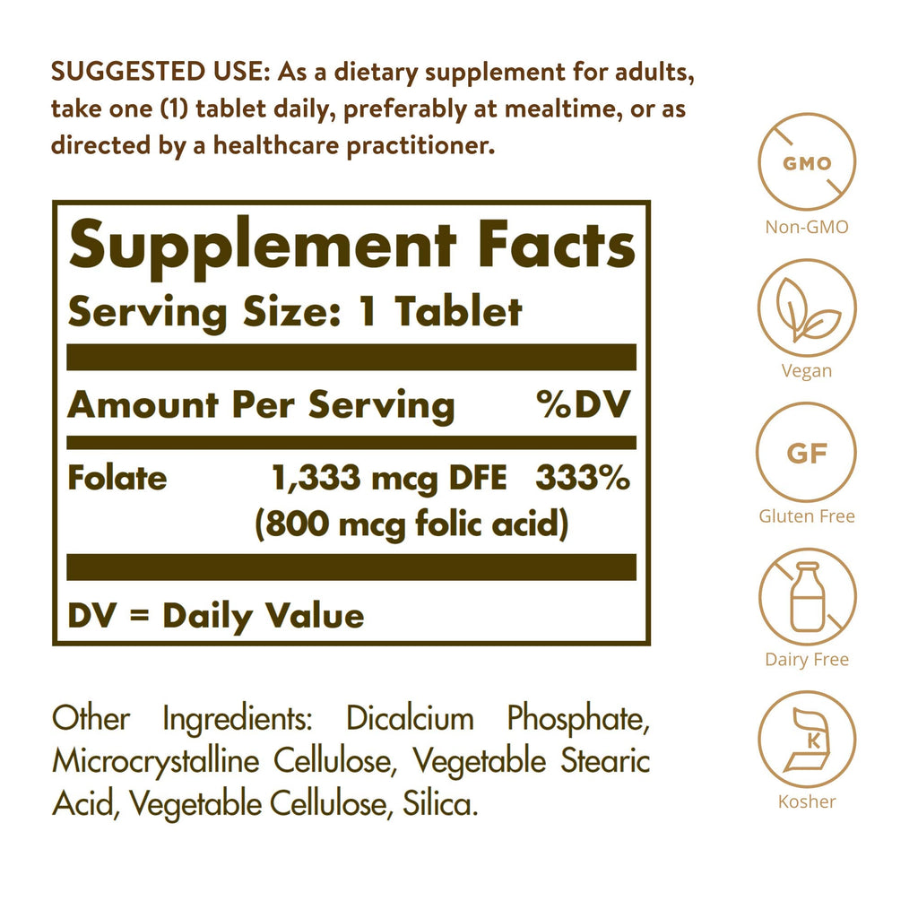 Solgar Folate 1,333 mcg DFE – 100 Tablets | 800 mcg Bio-Active Metafolin – Heart Health, Vegan, Non-GMO, Gluten Free, Kosher