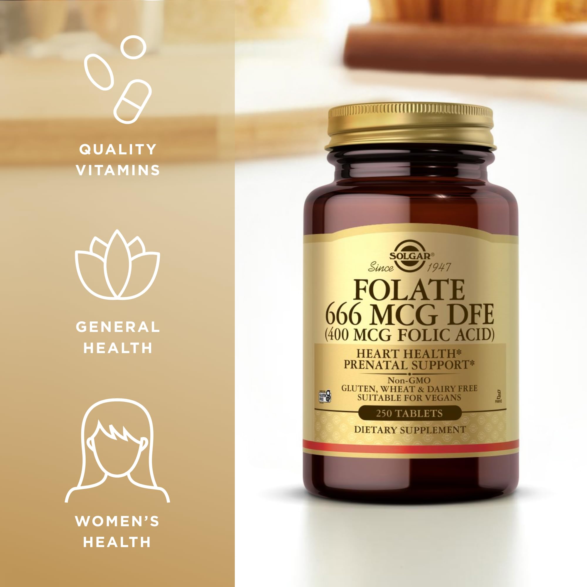 Solgar Folate 666 mcg DFE (Folic Acid 400 mcg) – 250 Tablets – Prenatal Support | Non-GMO, Vegan