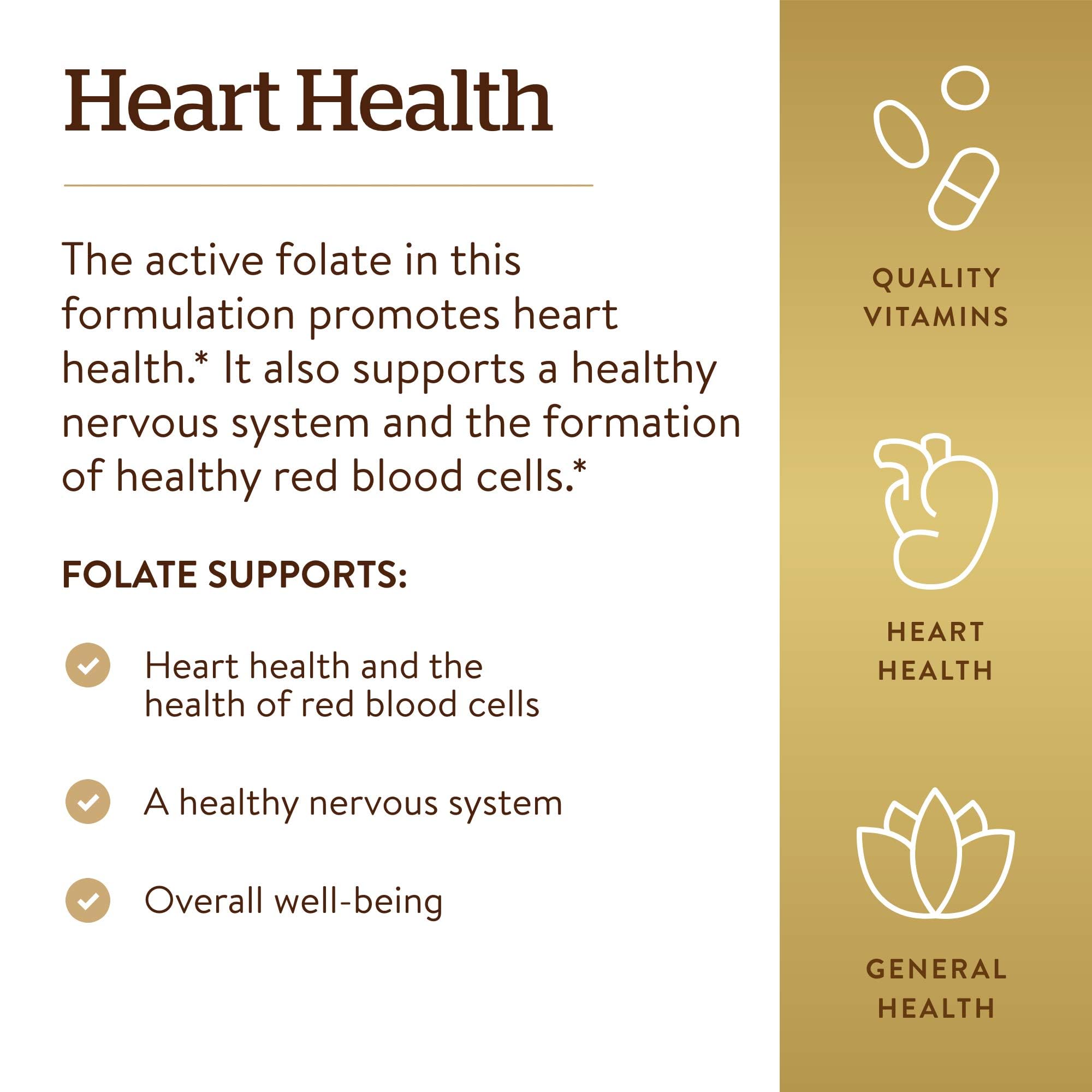 Solgar Folate 1,333 mcg DFE – 100 Tablets | 800 mcg Bio-Active Metafolin – Heart Health, Vegan, Non-GMO, Gluten Free, Kosher