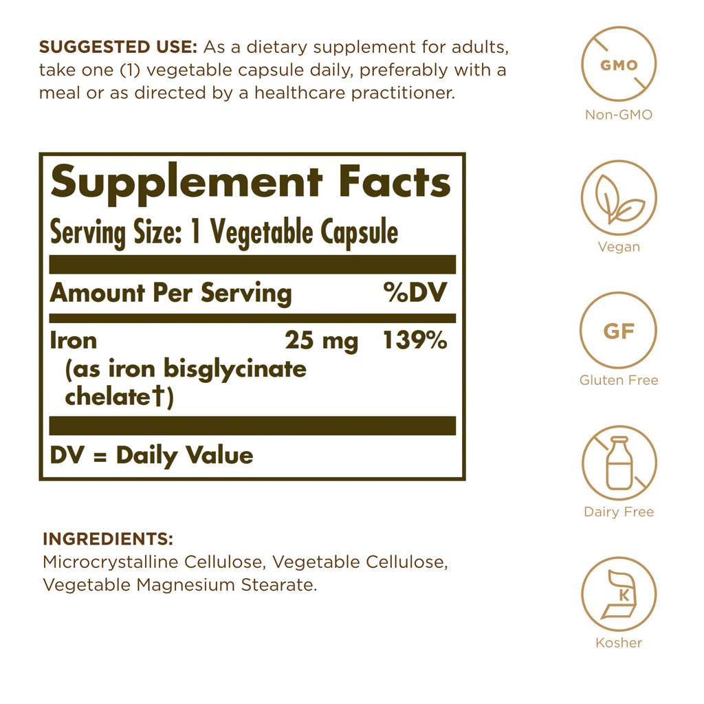 Solgar Gentle Iron 25 mg | Iron Bisglycinate - 180 Veg Caps | Gluten Free