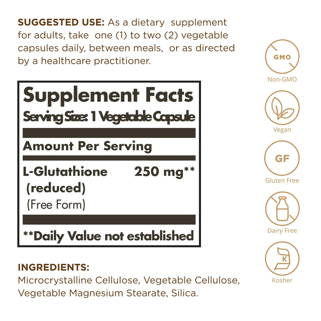 Solgar Reduced L-Glutathione 250 mg | 30 Veg Capsules - Non-GMO, Vegan, Gluten Free