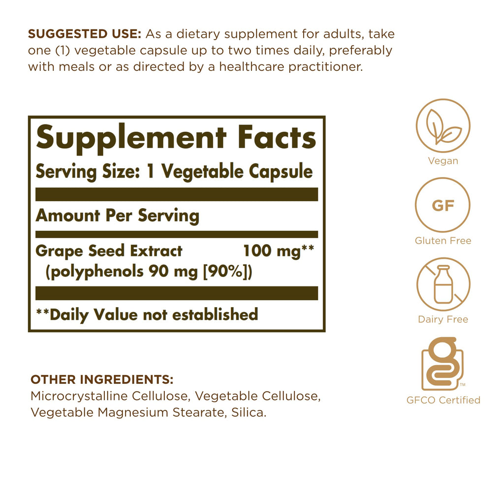 Solgar Grape Seed Extract 100 mg | 60 Veg Capsules | Vegan, Gluten & Dairy Free