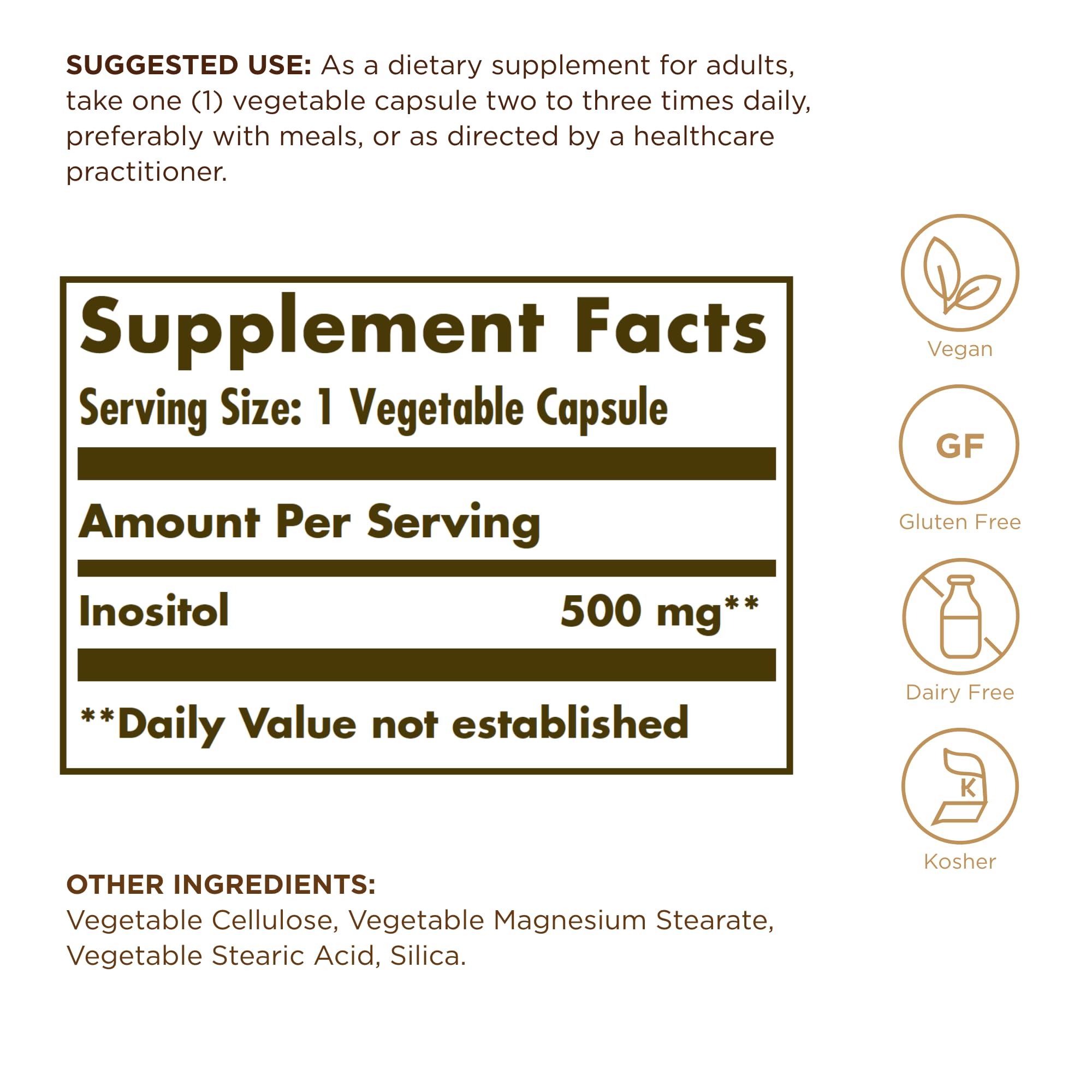 Solgar Inositol 500 mg – 100 Veg Capsules | Supports Cellular Function & Brain Health | Vegan, Gluten Free, Dairy Free, Kosher