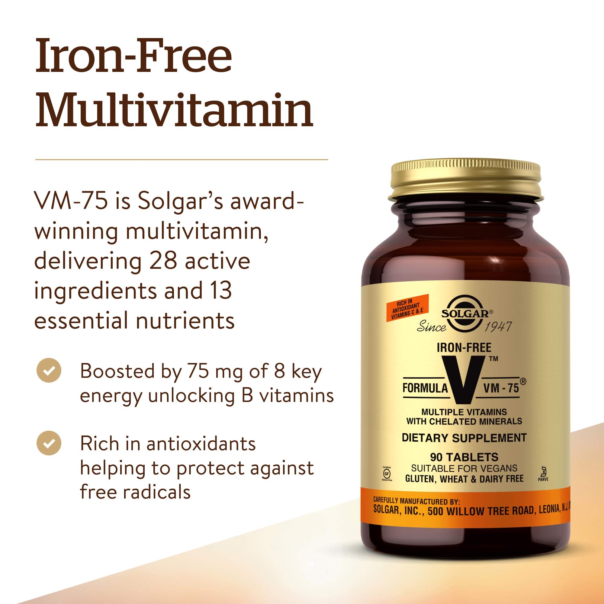 Solgar Iron-Free VM-75 Multivitamin – Chelated Minerals, Vegan, 90 Servings