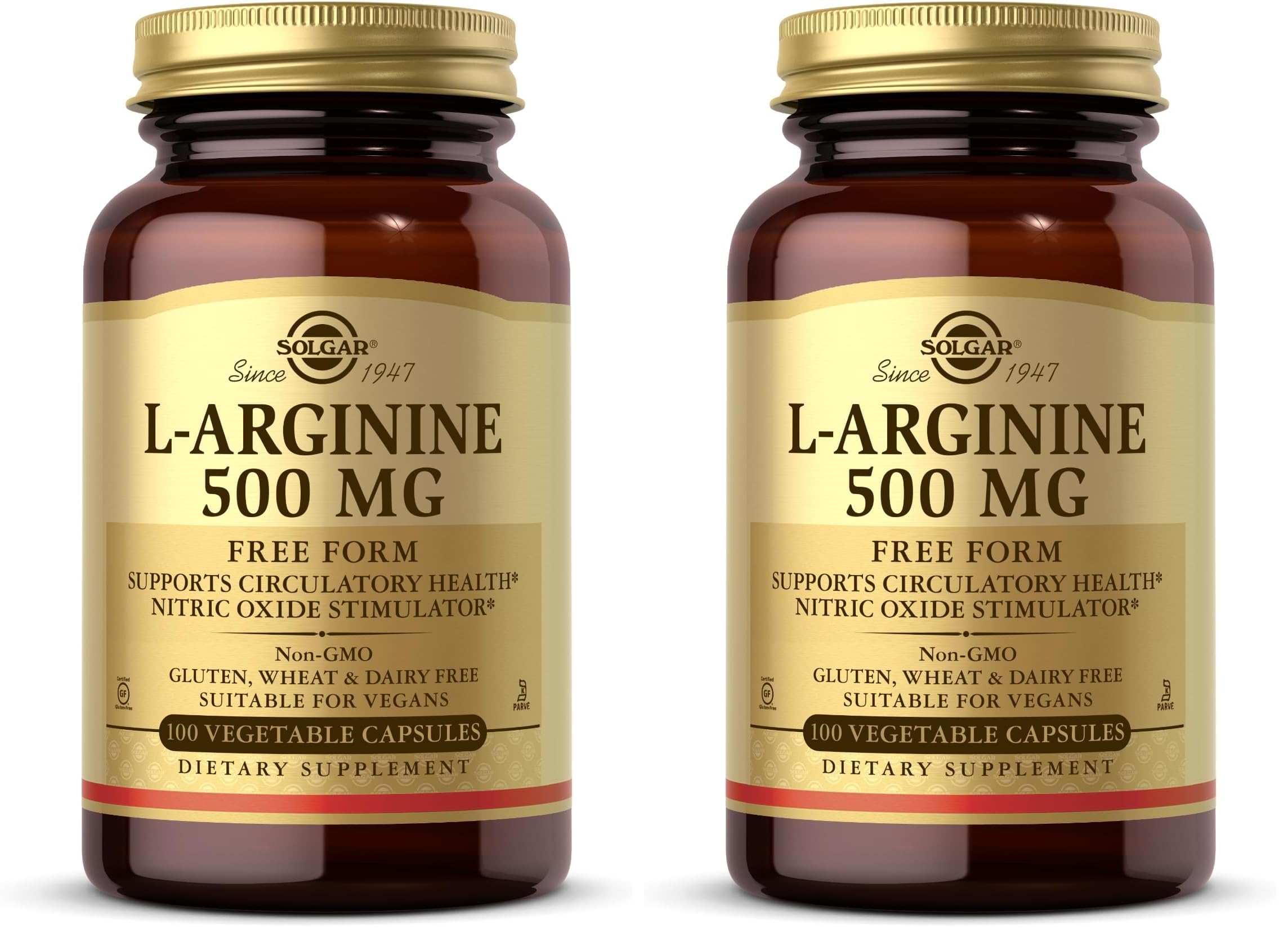 Solgar L-Arginine 500 mg - 100 Veg Capsules Pack of 2 | Nitric Oxide Stimulator, Non-GMO, Vegan, Gluten Free