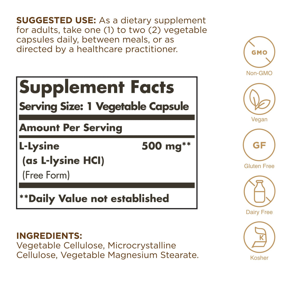 Solgar L-Lysine 500 mg - 100 Veg Capsules | Skin & Tissue Support