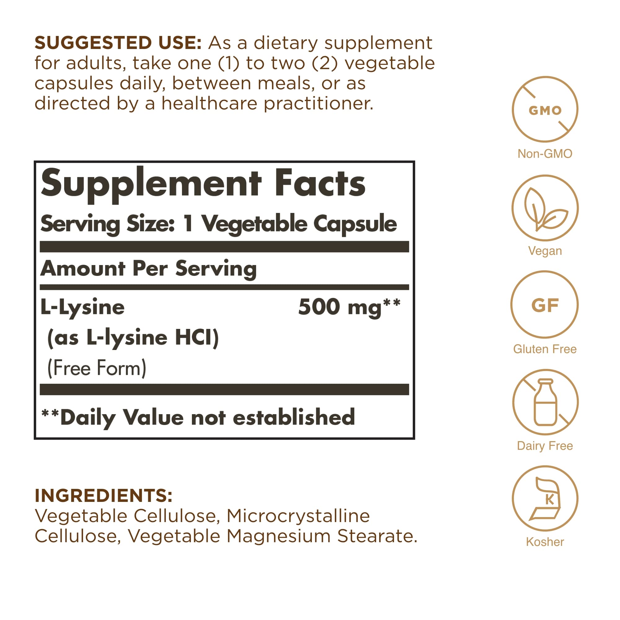 Solgar L-Lysine 500 mg - 100 Veg Capsules | Skin & Tissue Support