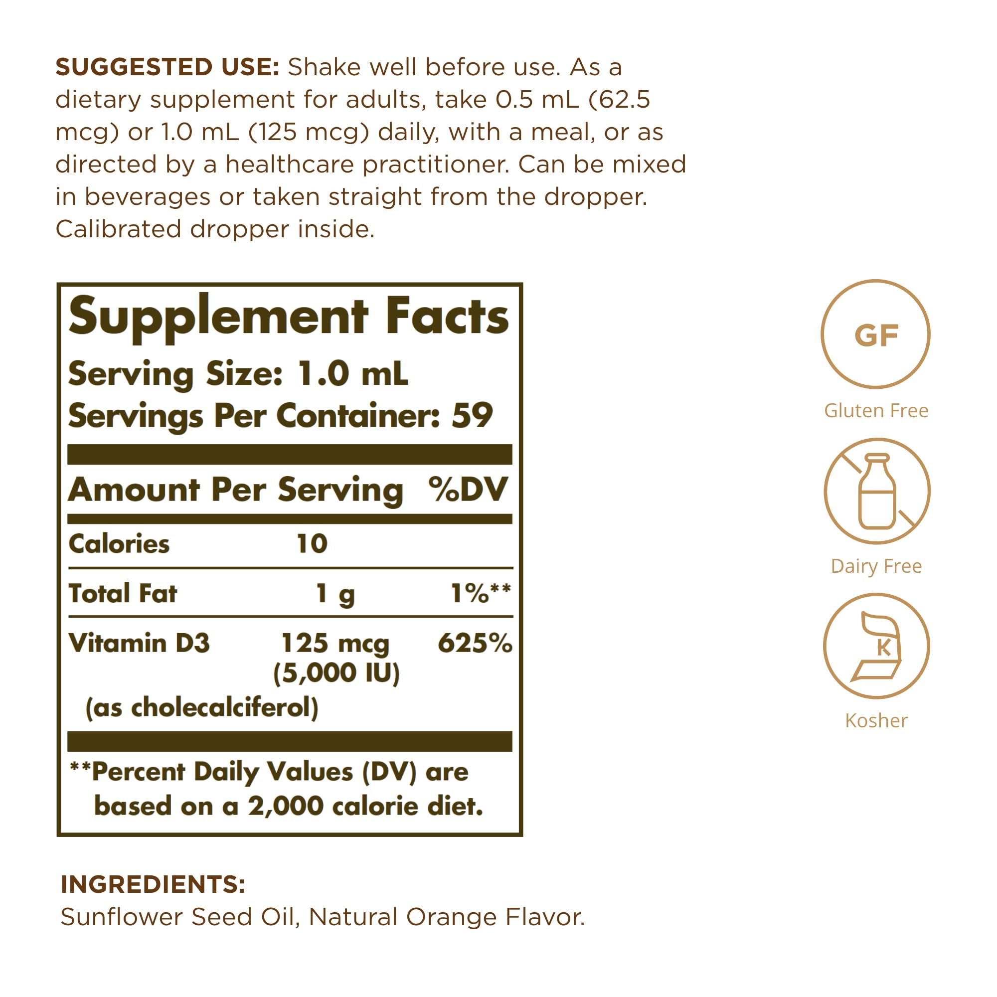 Solgar Liquid Vitamin D3 125 mcg (5,000 IU) - 2 fl oz - Delicious, Natural Orange Flavor - Helps Maintain Healthy Bones & Teeth - Immune System Support - Gluten Free, Dairy Free, Kosher - 59 Servings