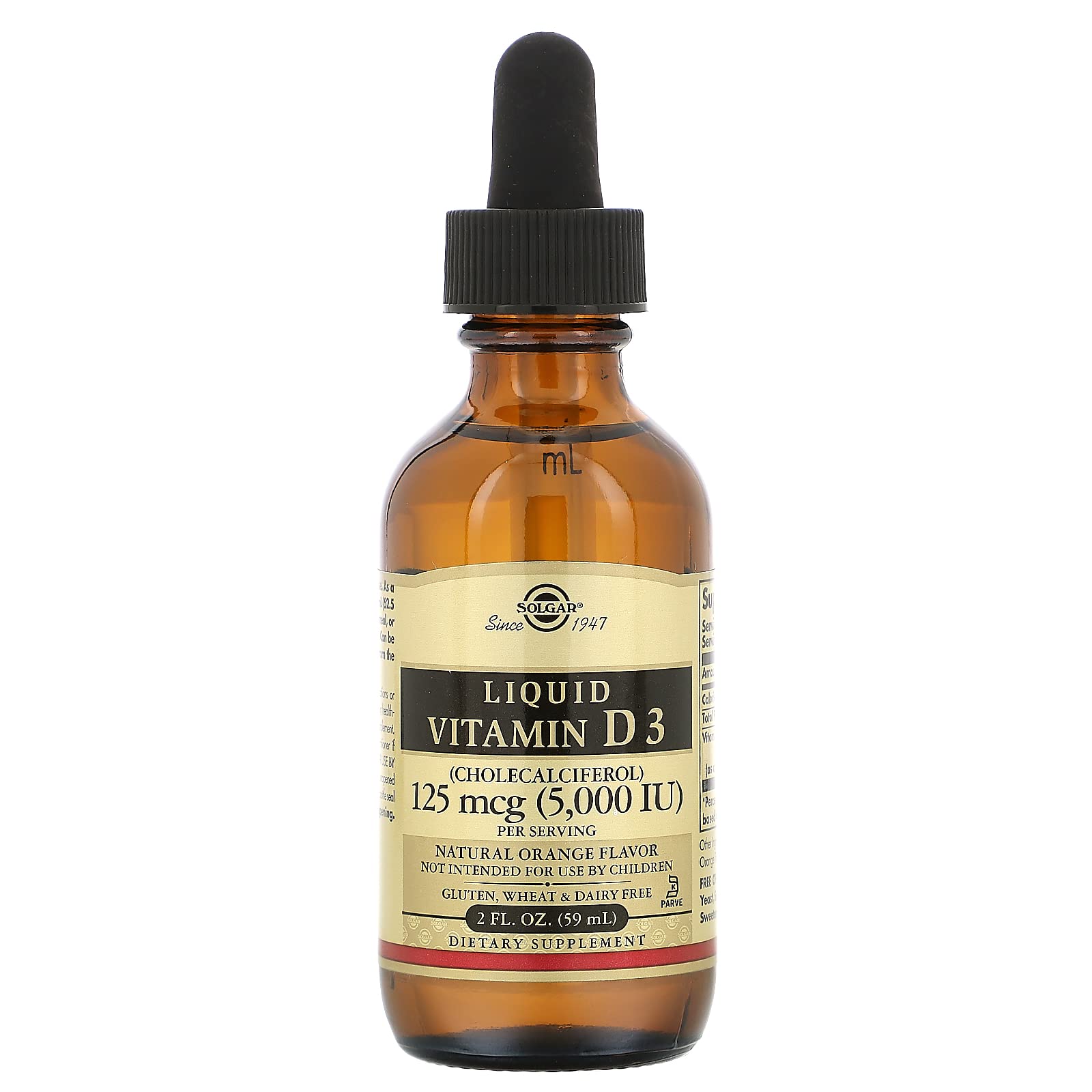 Solgar Liquid Vitamin D3 125 mcg (5,000 IU) – Orange Flavor, 59 Servings | Gluten Free, Dairy Free, Kosher