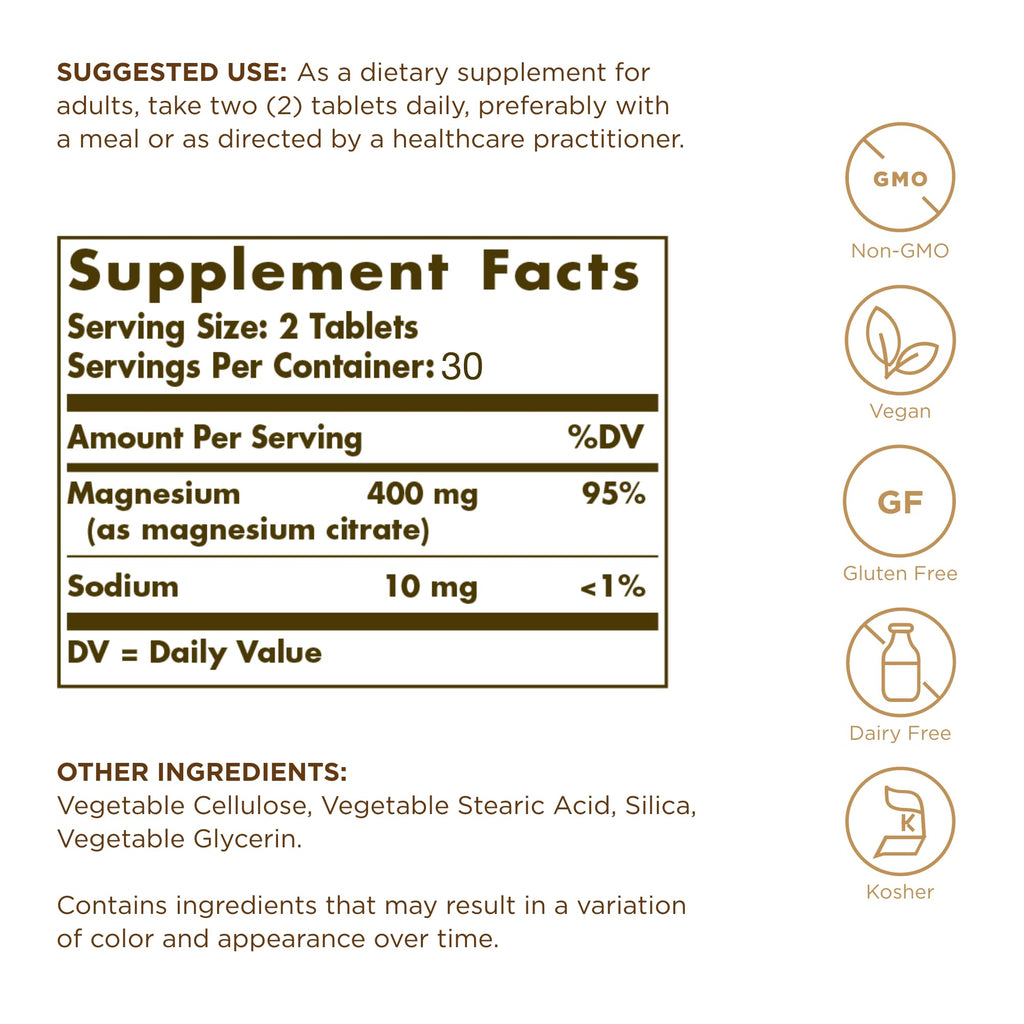 Solgar Magnesium Citrate 60 Tablets – Highly Absorbable, Supports Nerve, Muscle & Bone Health | Non-GMO, Vegan, Gluten Free, Kosher