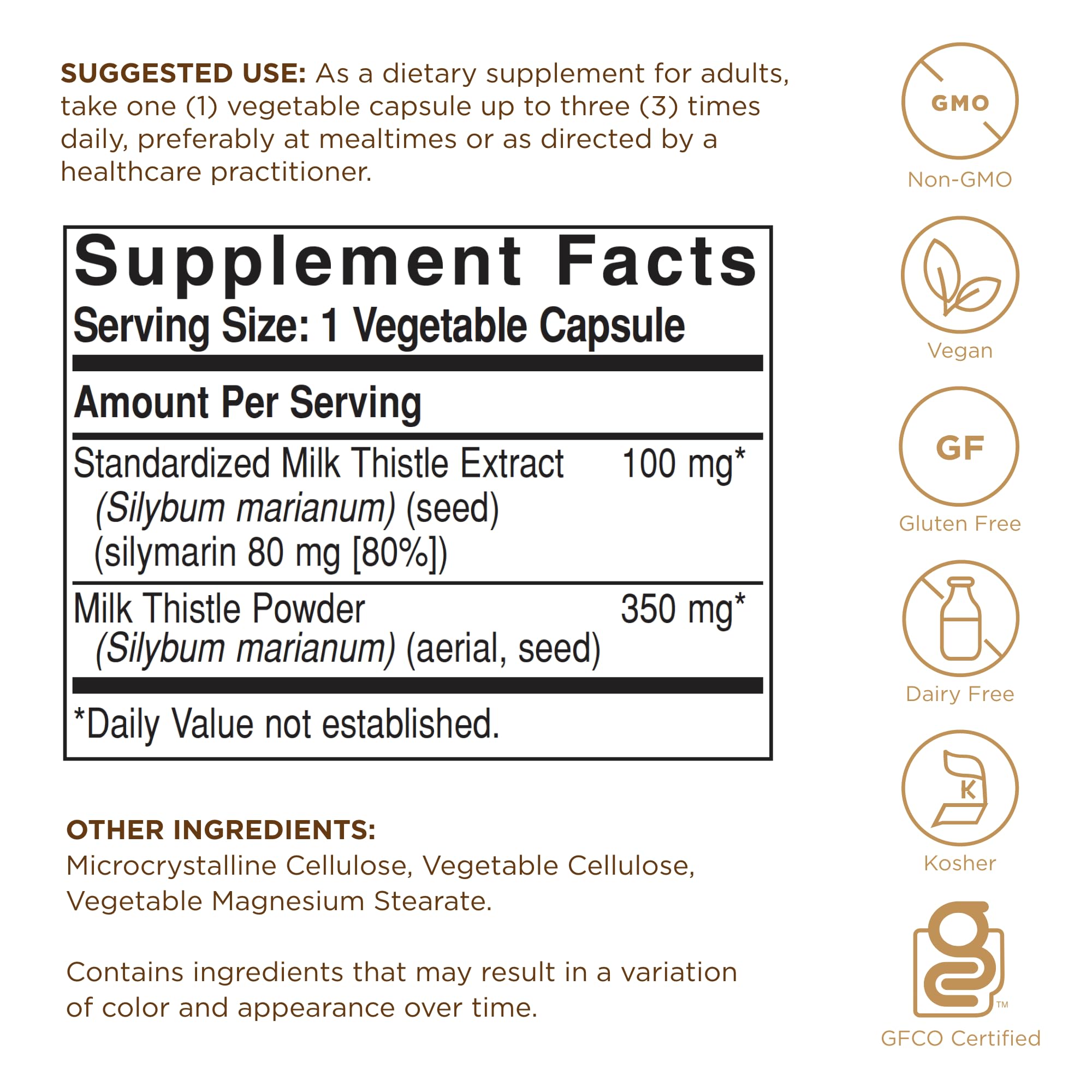 Solgar Milk Thistle - 100 Vegetable Capsules (Full Potency FP) - Non-GMO, Vegan, Gluten Free, Dairy Free, Kosher - 100 Servings