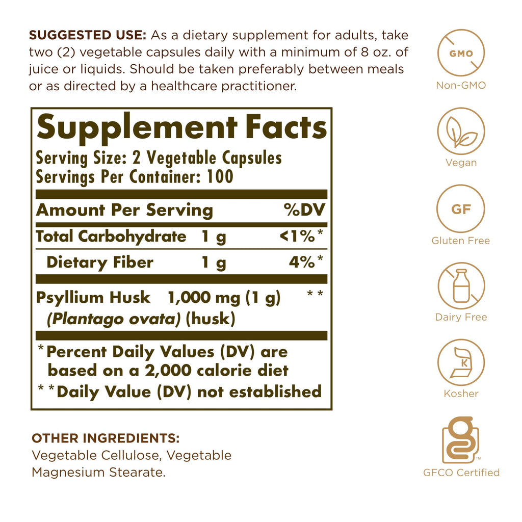 Solgar Psyllium Husks Fiber 500 mg - 200 Veg Capsules | Non-GMO & Vegan
