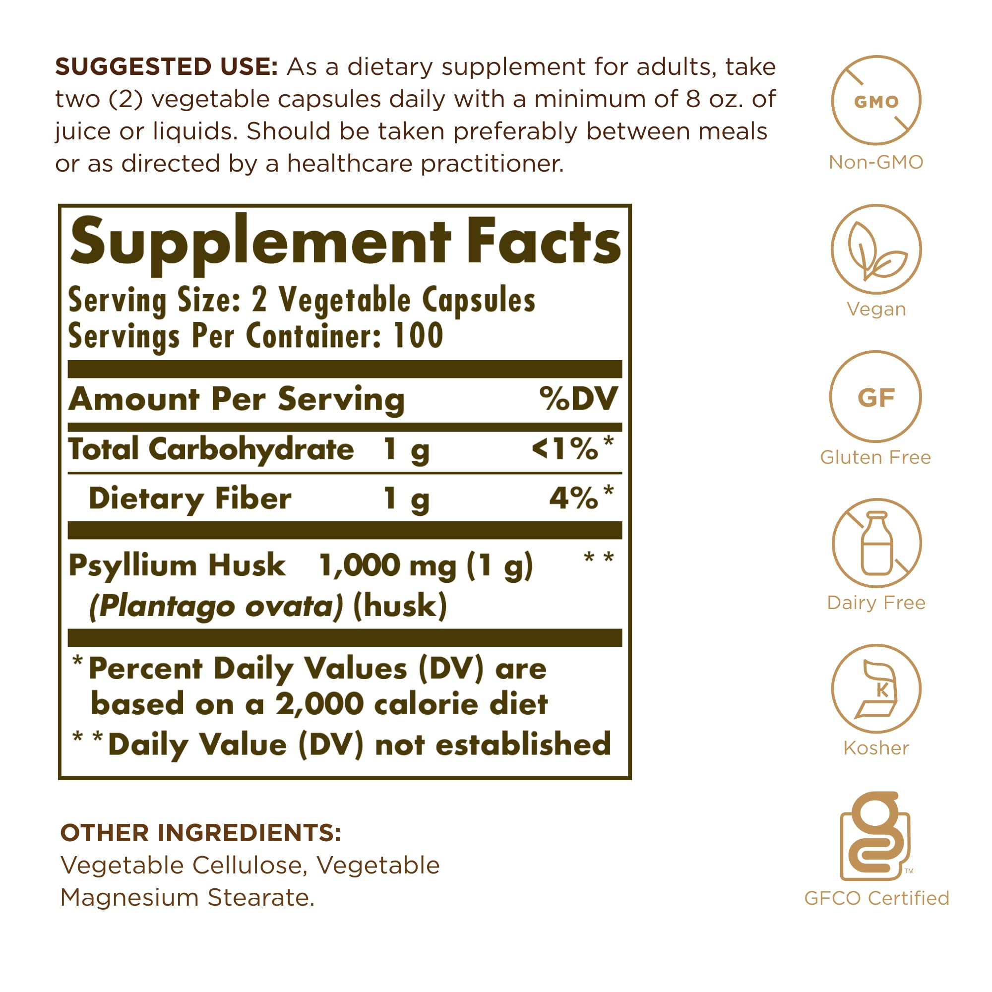 Solgar Psyllium Husks Fiber 500 mg - 200 Veg Capsules | Non-GMO, Vegan, Gluten Free, Kosher