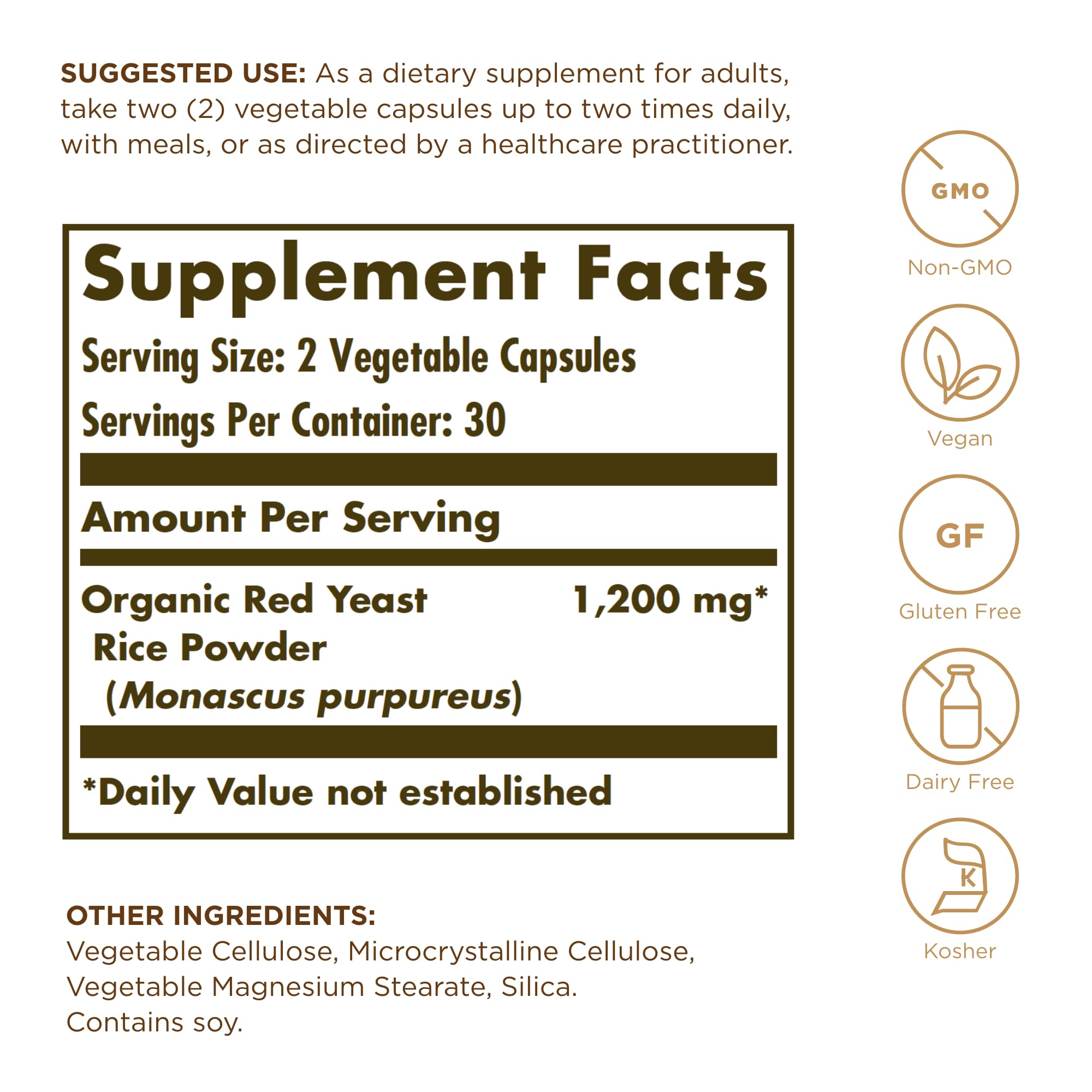 Solgar Red Yeast Rice 600 mg – 60 Veg Capsules – Non-GMO, Vegan, Gluten Free, Dairy Free, Kosher