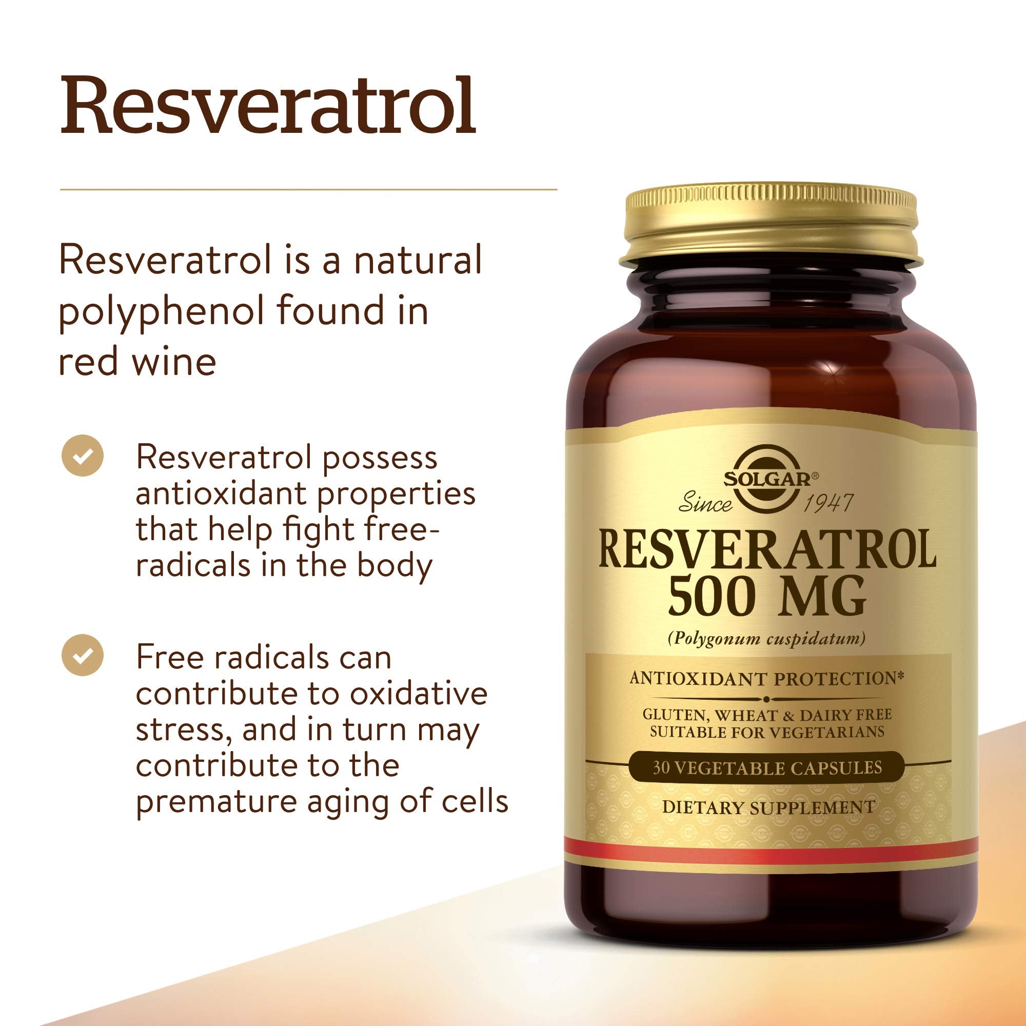 Solgar Resveratrol 500 mg – 30 Vegetable Capsules | Antioxidant Protection, Gluten Free