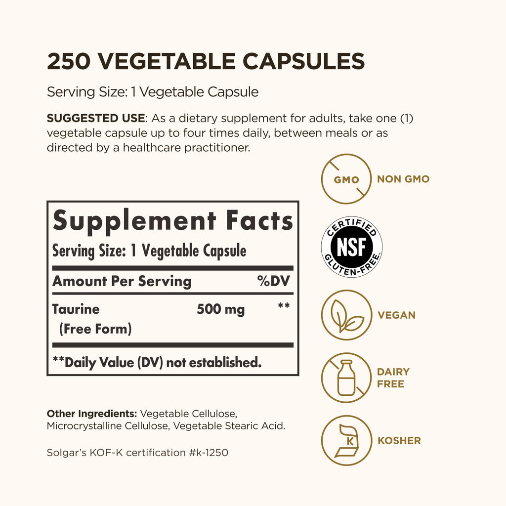 Solgar Taurine 500 mg – 250 Vegetarian Capsules | Antioxidant & Brain Health
