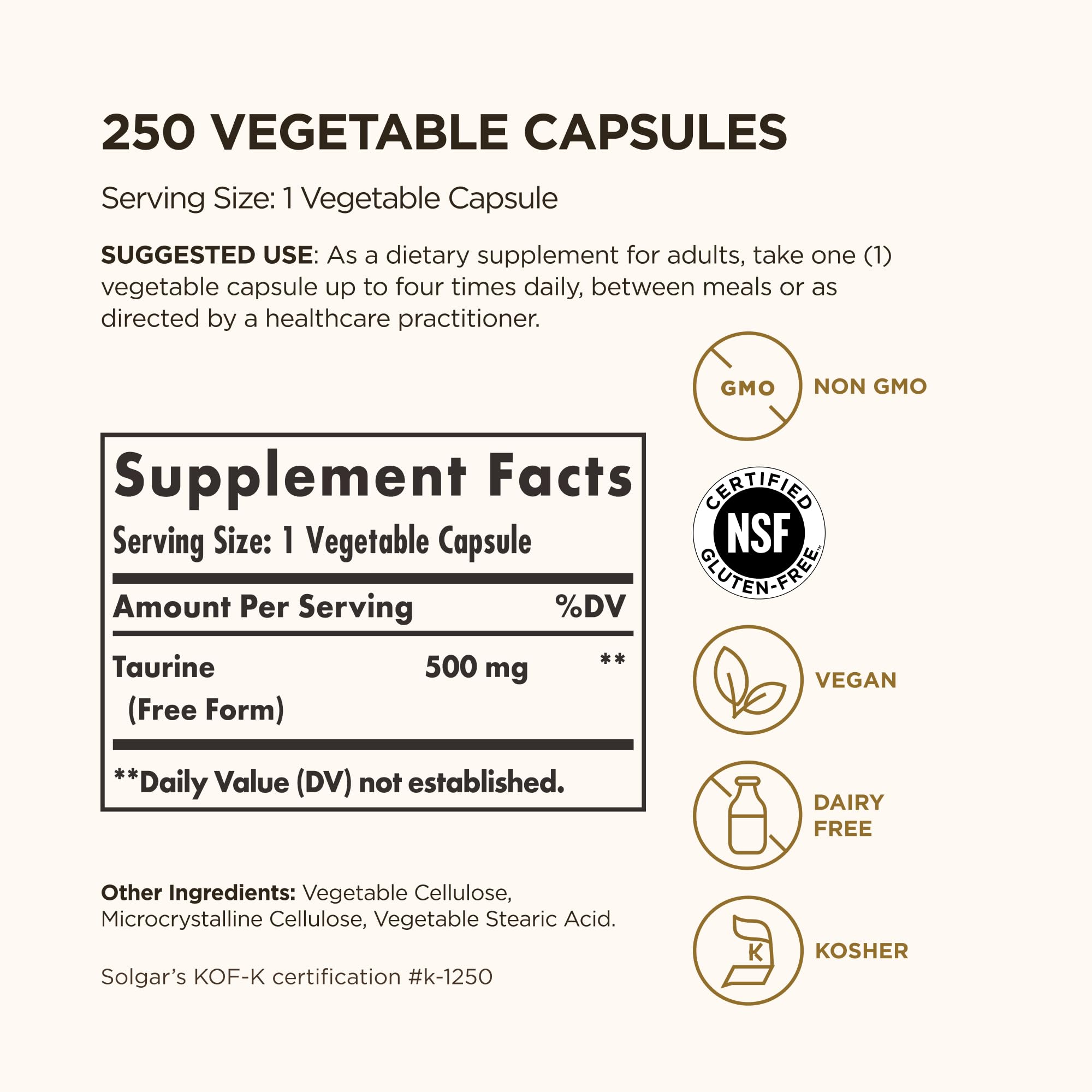 Solgar Taurine 500 mg – 250 Vegetarian Capsules | Antioxidant & Brain Health