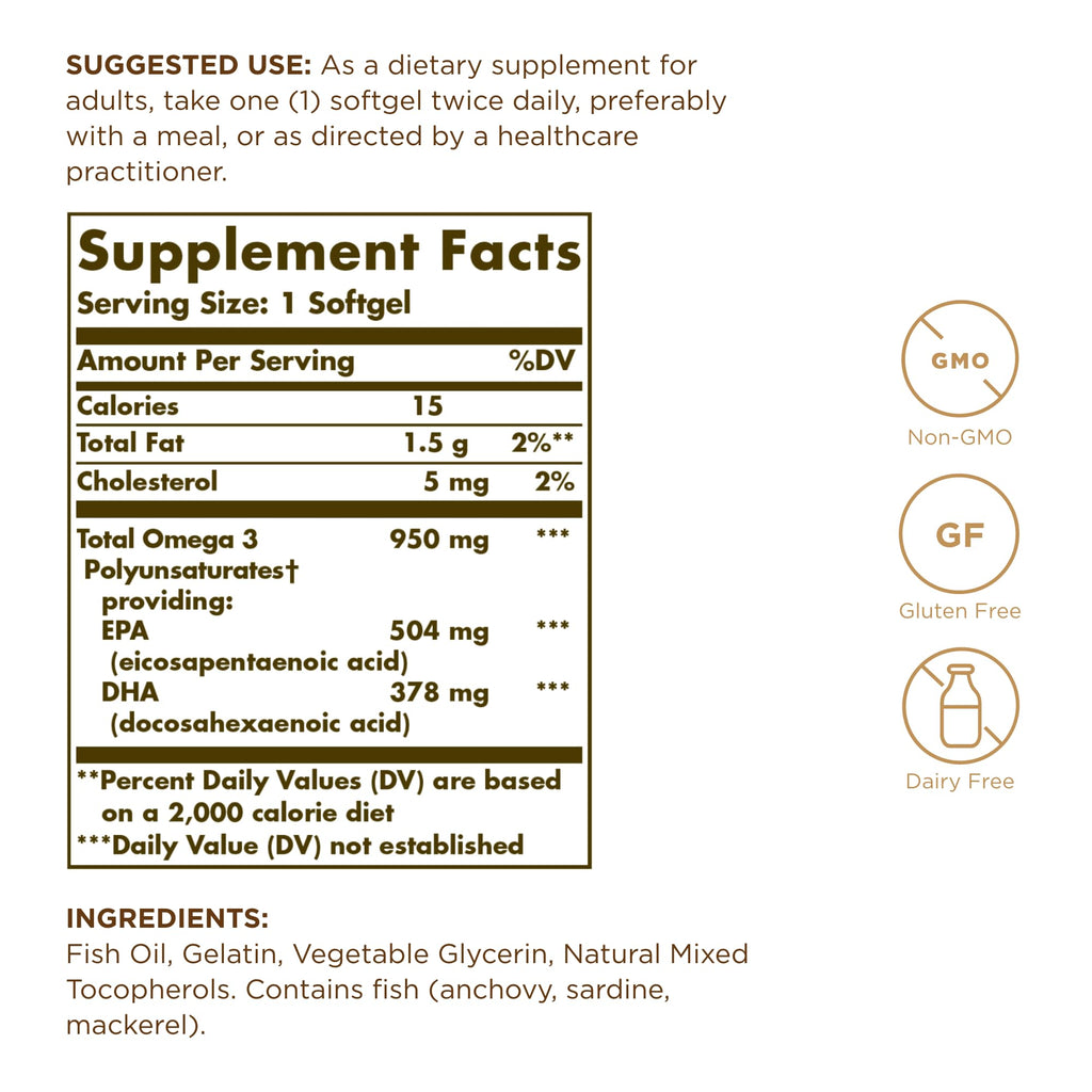 Solgar Triple Strength Omega-3 950 mg - 200 Servings (2-Pack) | Non-GMO, Gluten Free