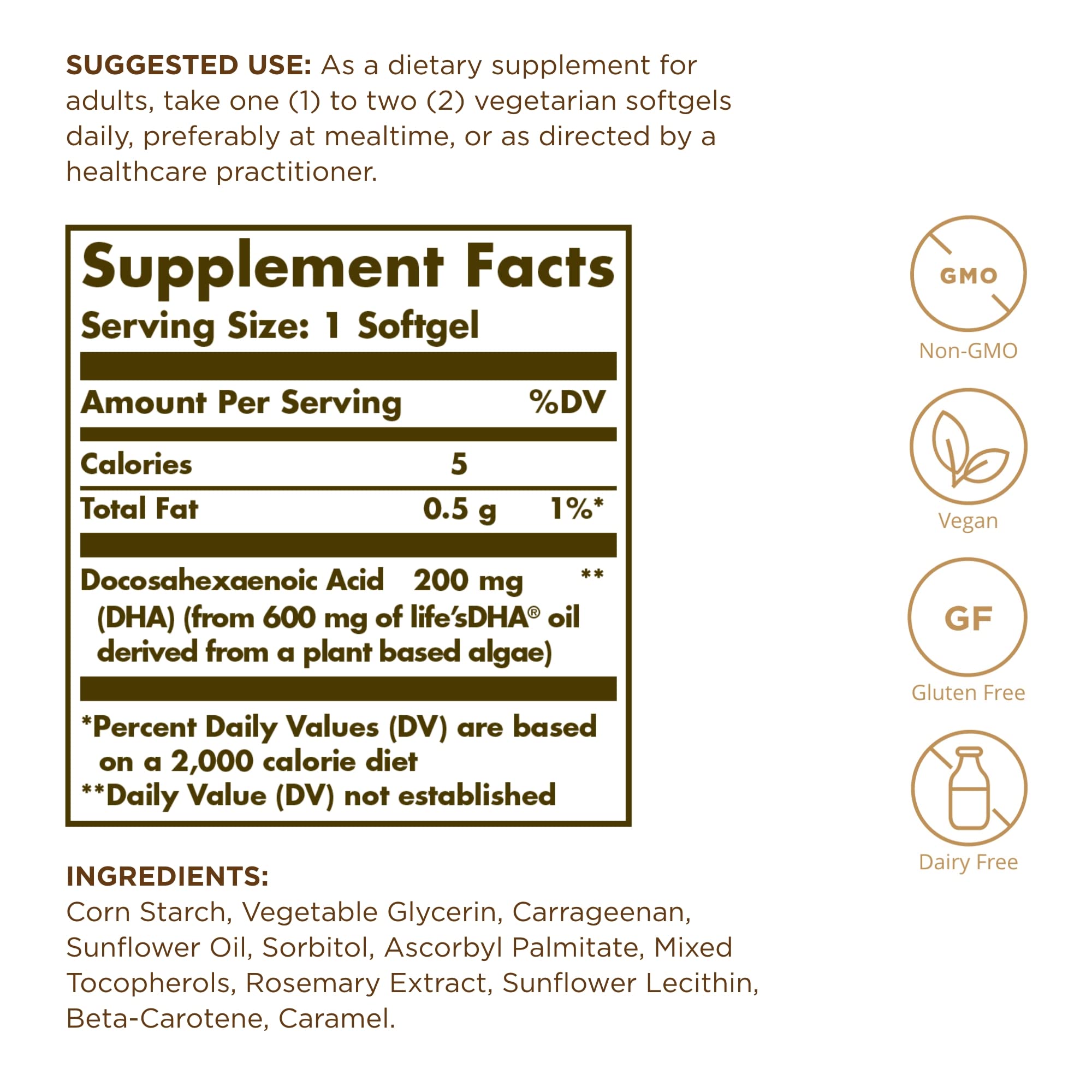 Solgar Vegetarian DHA 200 mg - 50 Vegetarian Softgels | Vegan Omega-3, Gluten Free, Dairy Free