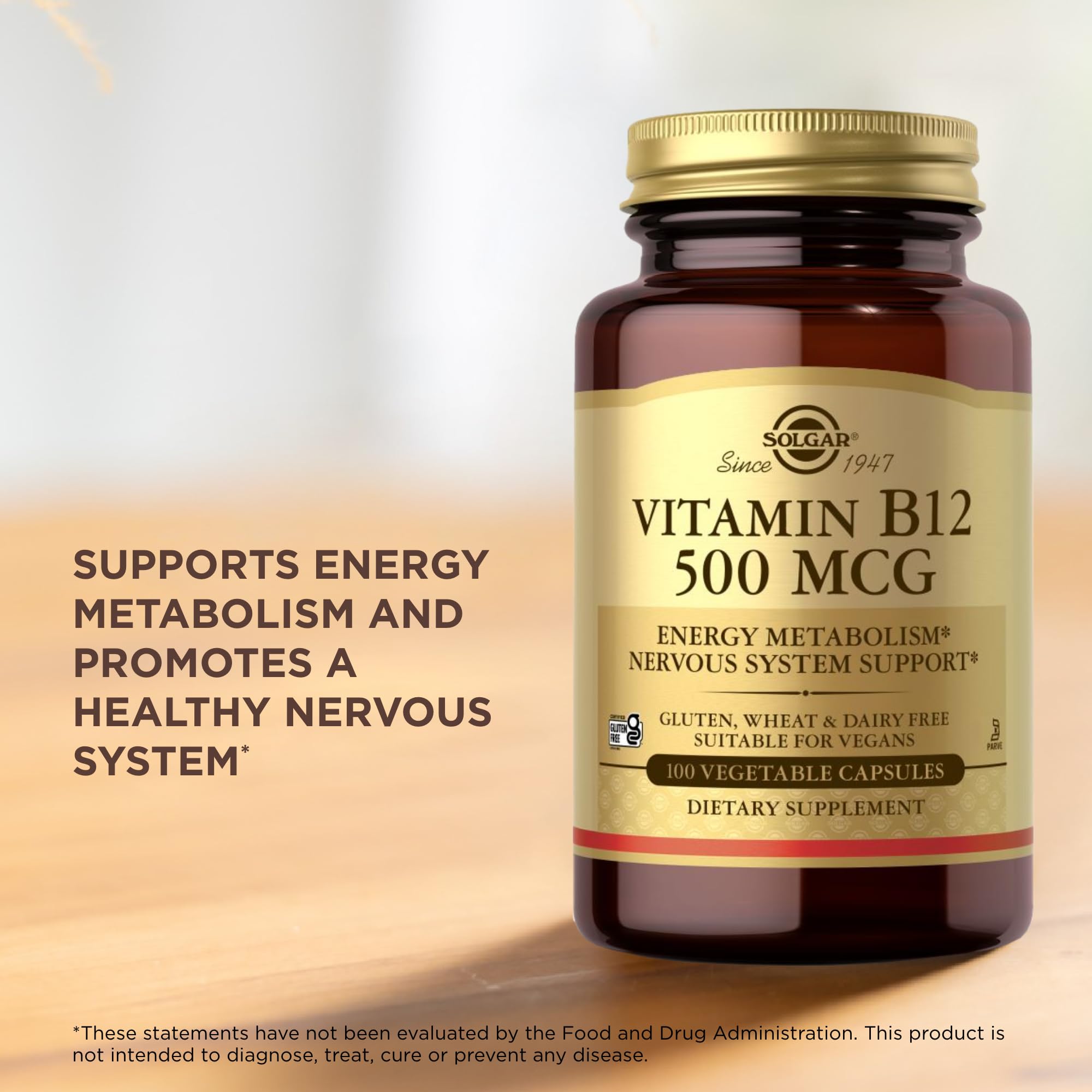 Solgar Vitamin B12 500 mcg – 100 Vegetarian Capsules | Energy Metabolism & Nervous System Support | Non-GMO, Vegan, Gluten & Dairy Free | 100 Servings