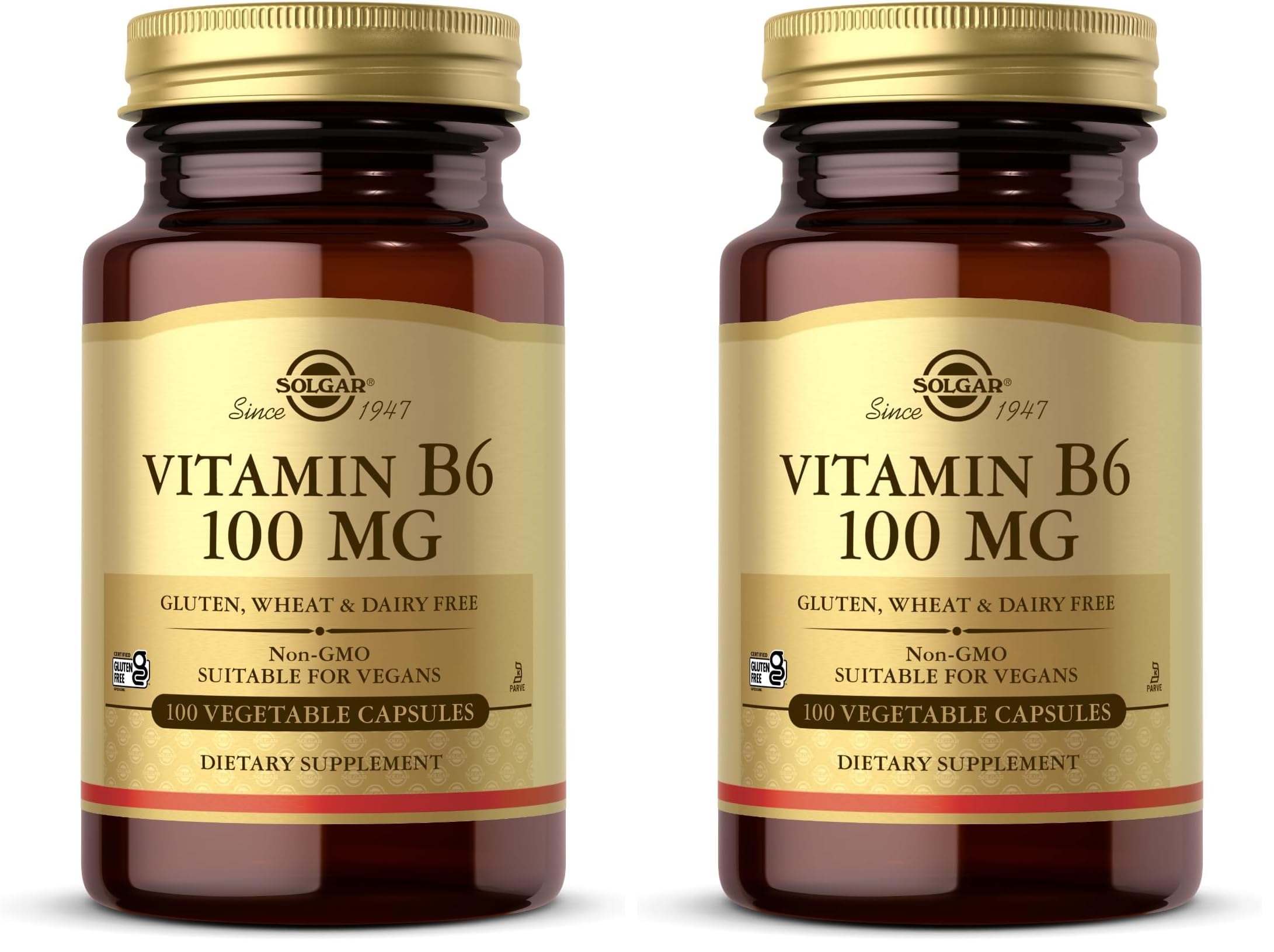 Solgar Vitamin B6 100 mg - 100 Vegetable Capsules - Non-GMO, Vegan, Gluten Free, Dairy Free, Kosher, Halal - 100 Servings (Pack of 2)