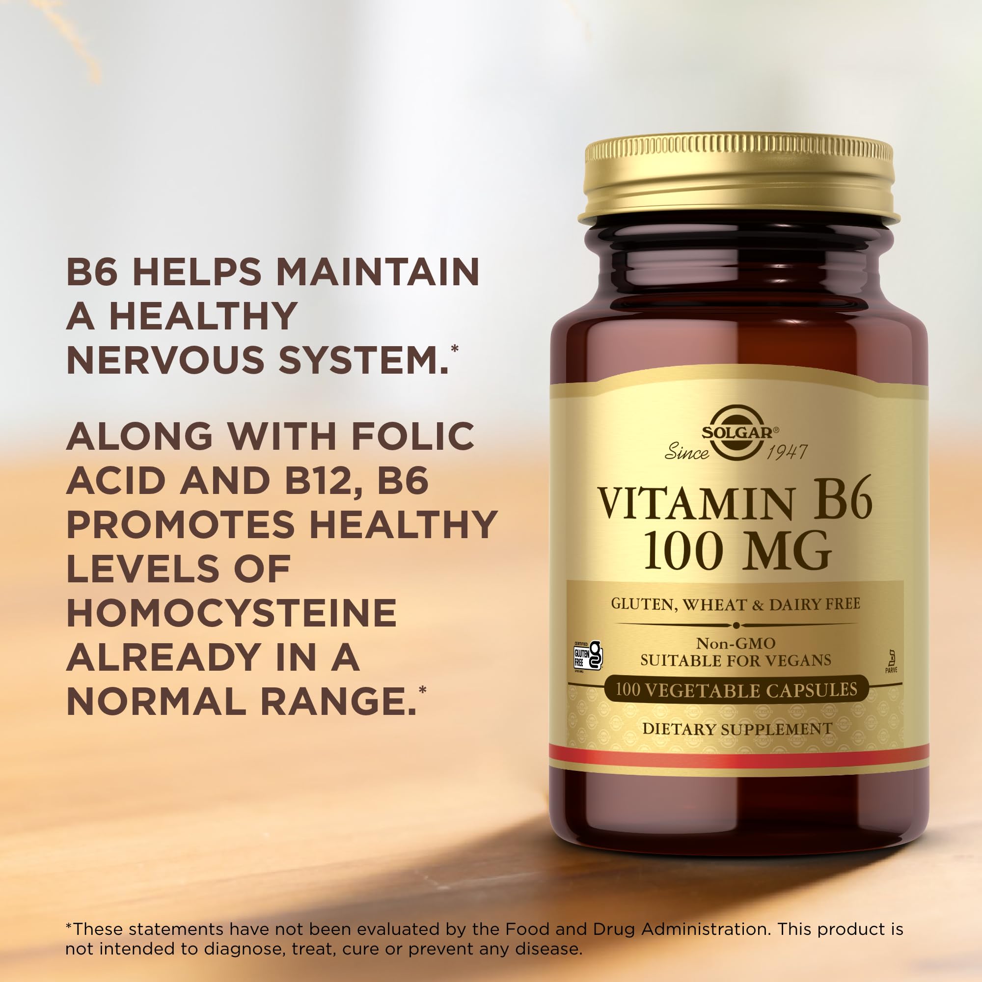 Solgar Vitamin B6 100 mg - 100 Vegetable Capsules - Non-GMO, Vegan, Gluten Free, Dairy Free, Kosher, Halal - 100 Servings (Pack of 2)