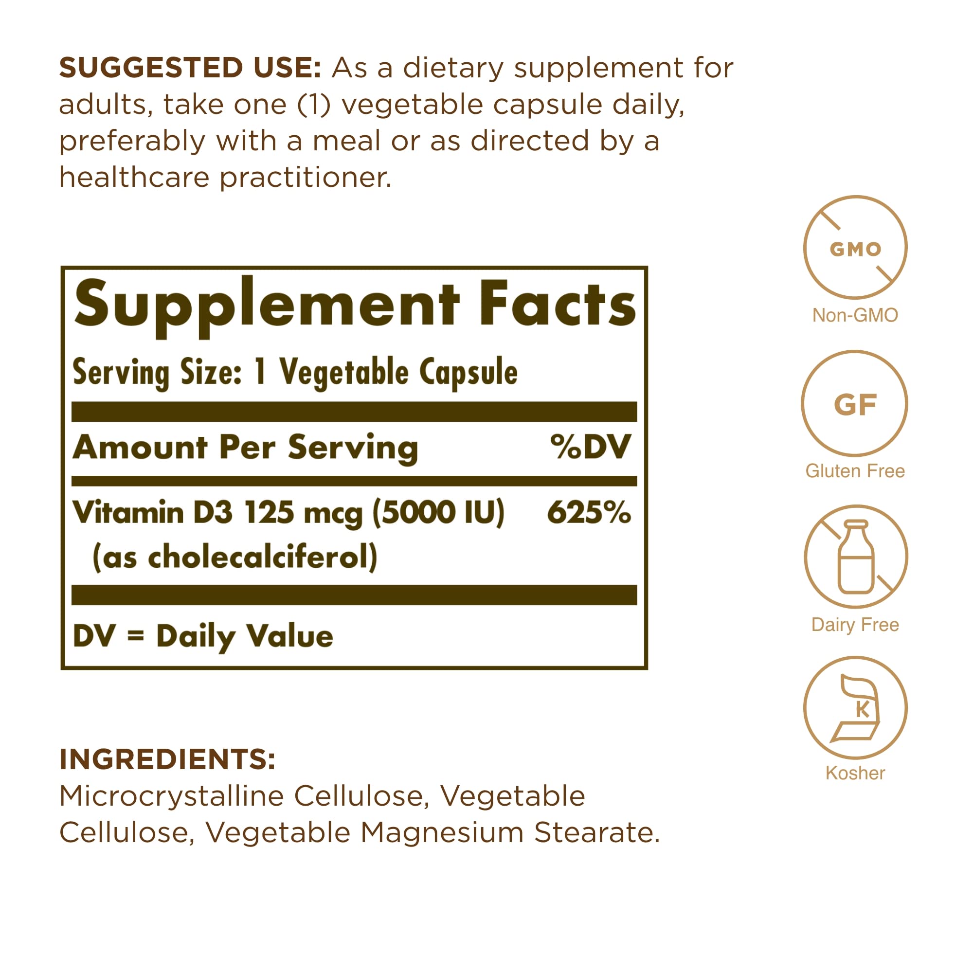 Solgar Vitamin D3 125 mcg (5000 IU) – 120 Veg Capsules | Bone & Immune Support
