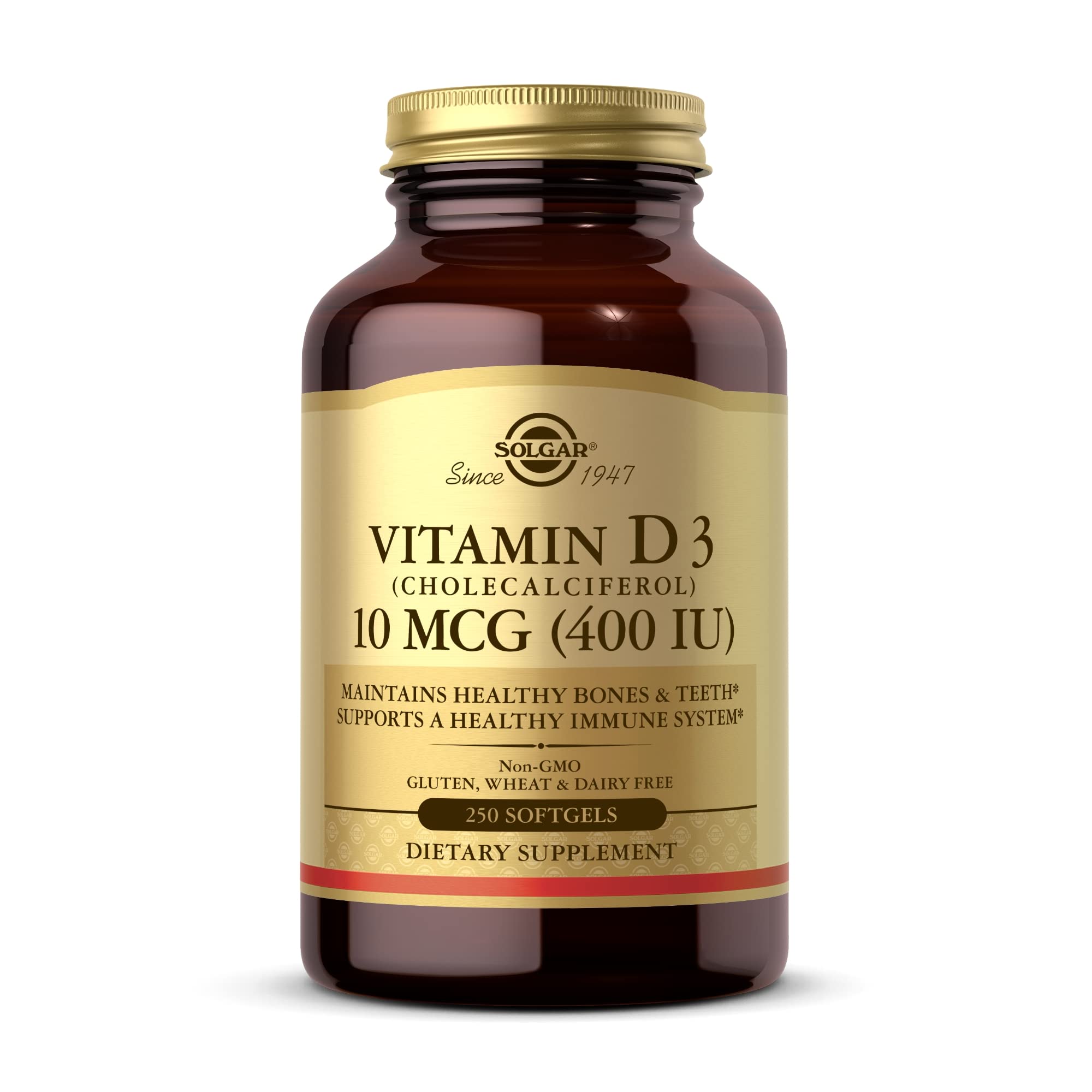 Solgar Vitamin D3 (Cholecalciferol) 10 mcg (400 IU) - 250 Softgels – Supports Healthy Bones, Teeth & Immune System