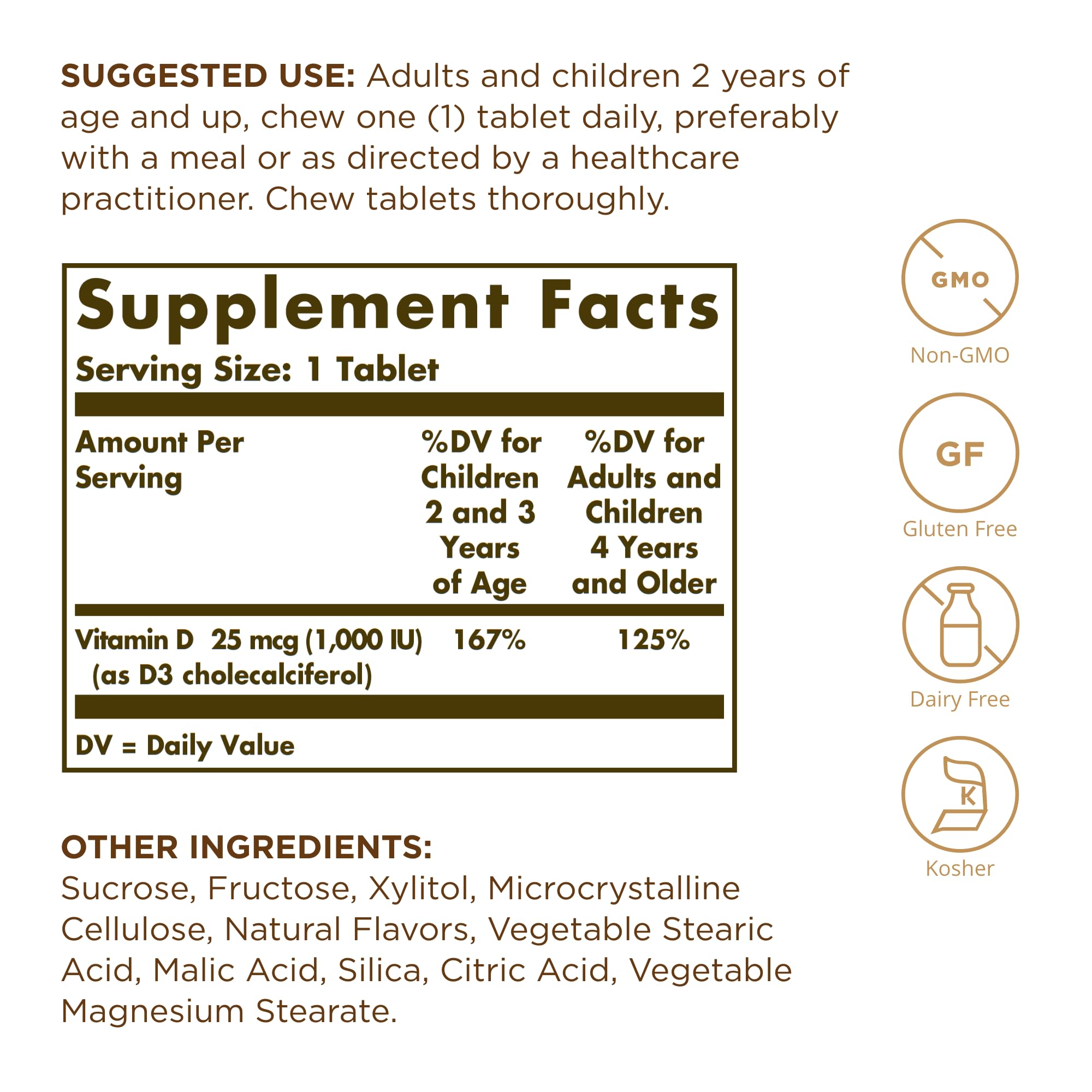 Solgar Vitamin D3 (Cholecalciferol) 25 mcg (1000 IU) - Strawberry Banana Swirl, 100 Chewable Tablets - Non-GMO, Kosher
