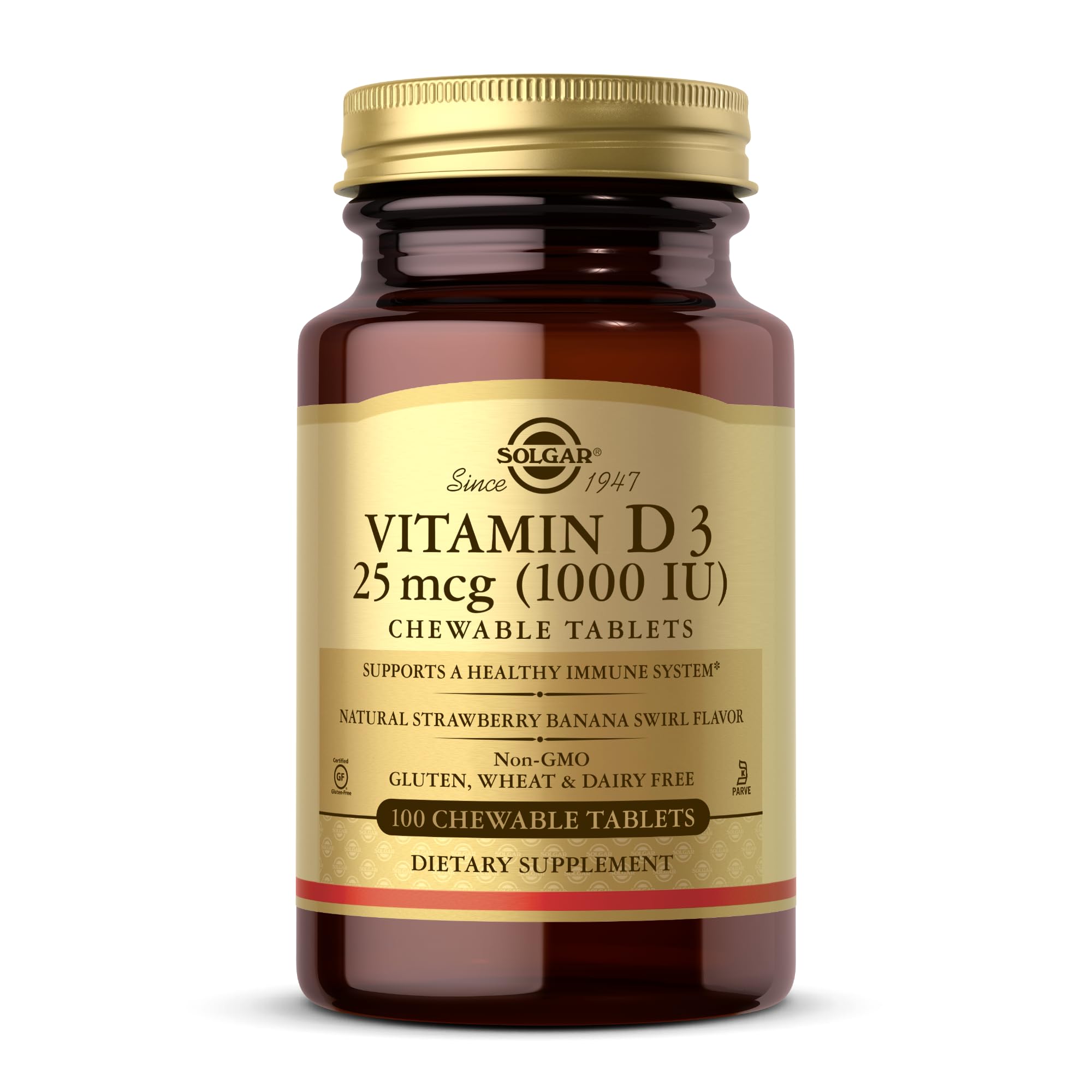 Solgar Vitamin D3 (Cholecalciferol) 25 mcg (1000 IU) - Strawberry Banana Swirl, 100 Chewable Tablets - Non-GMO, Kosher