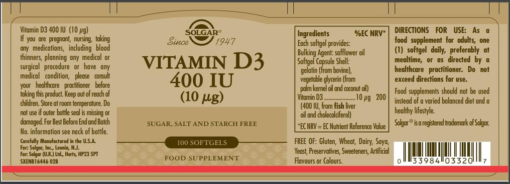 Solgar Vitamin D3 (Cholecalciferol) 10 mcg (400 IU) Softgels – 100 Servings | Supports Bones, Teeth & Immune Health