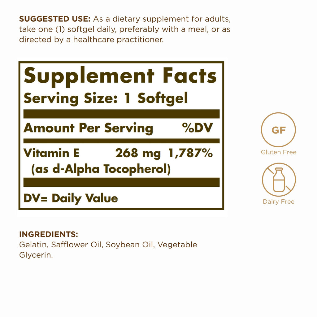 Solgar Vitamin E 268 mg (400 IU) - 100 Softgels - Naturally-Sourced Vitamin E (d-Alpha Tocopherol) - Gluten Free & Dairy Free