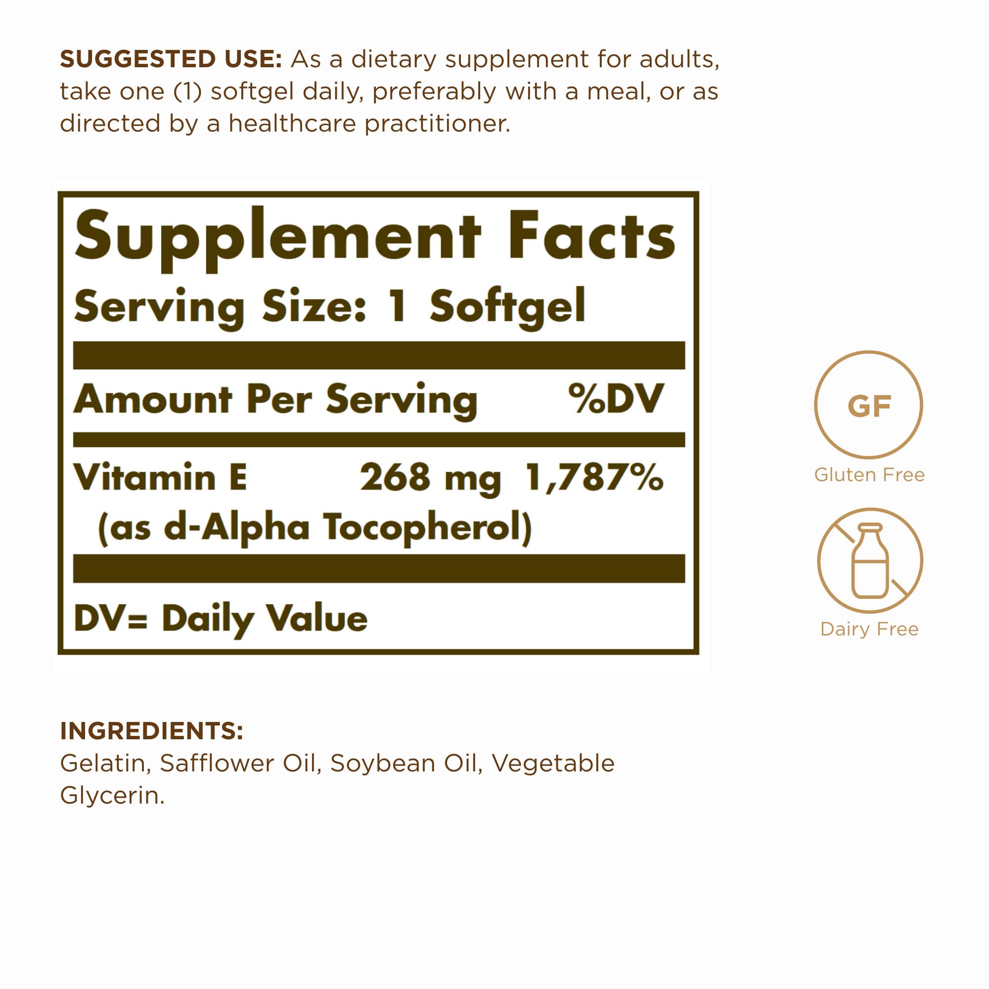 Solgar Vitamin E 268 mg (400 IU) - 100 Softgels - Naturally-Sourced Vitamin E (d-Alpha Tocopherol) - Gluten Free & Dairy Free