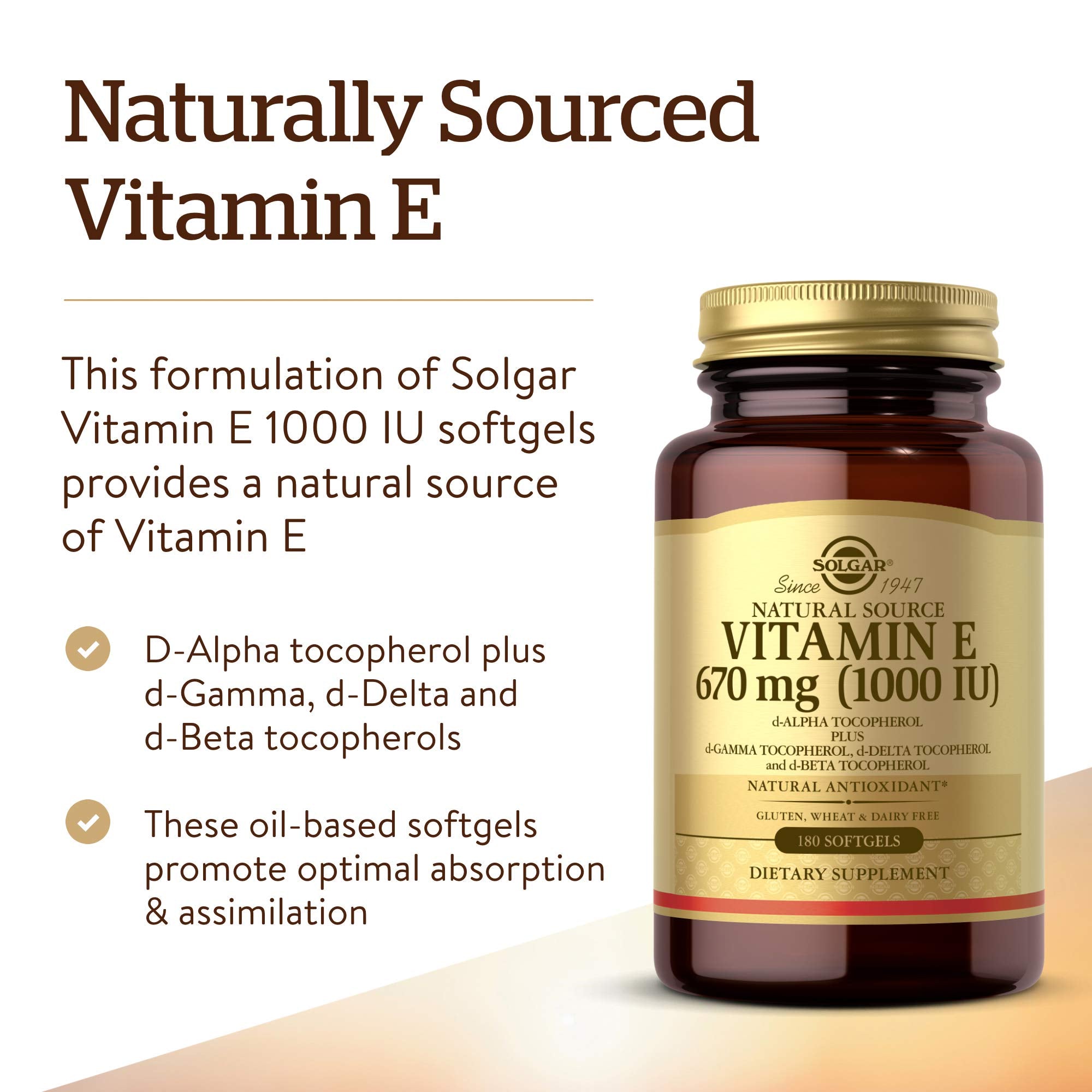 Solgar Vitamin E 670 mg (1000 IU) – 180 Softgels | Natural Antioxidant for Skin & Immune Support