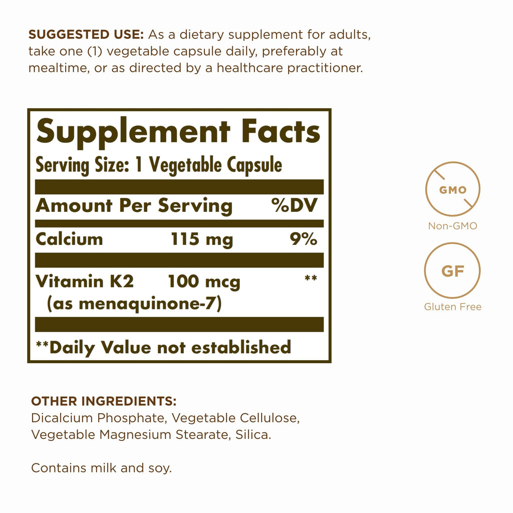 Solgar Vitamin K2 MK-7 100 mcg – 100 Servings (2 x 50 Veg Capsules) – Natto Whole Food, Gluten Free, Non-GMO