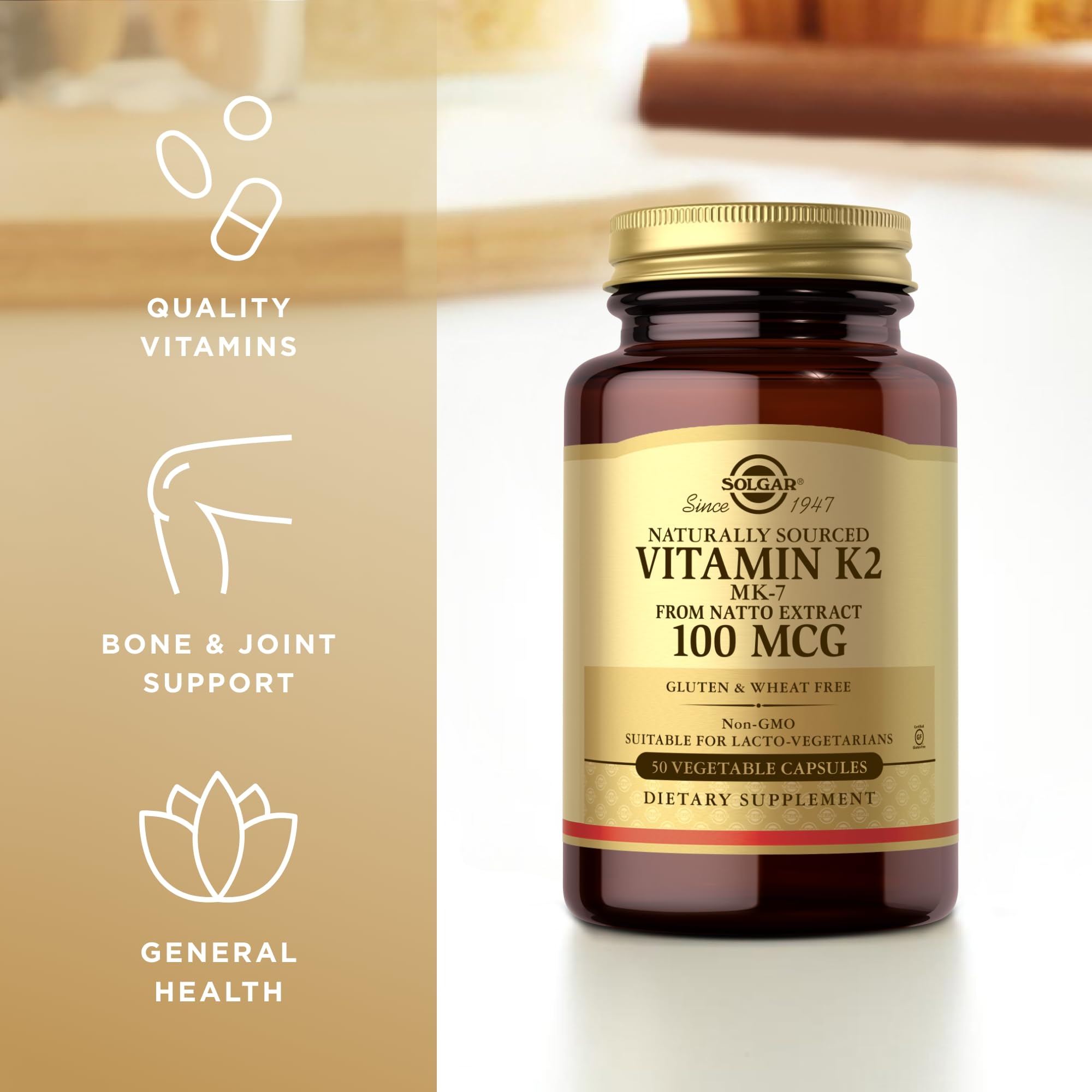 Solgar Vitamin K2 MK-7 100 mcg – 100 Servings (2 x 50 Veg Capsules) – Natto Whole Food, Gluten Free, Non-GMO