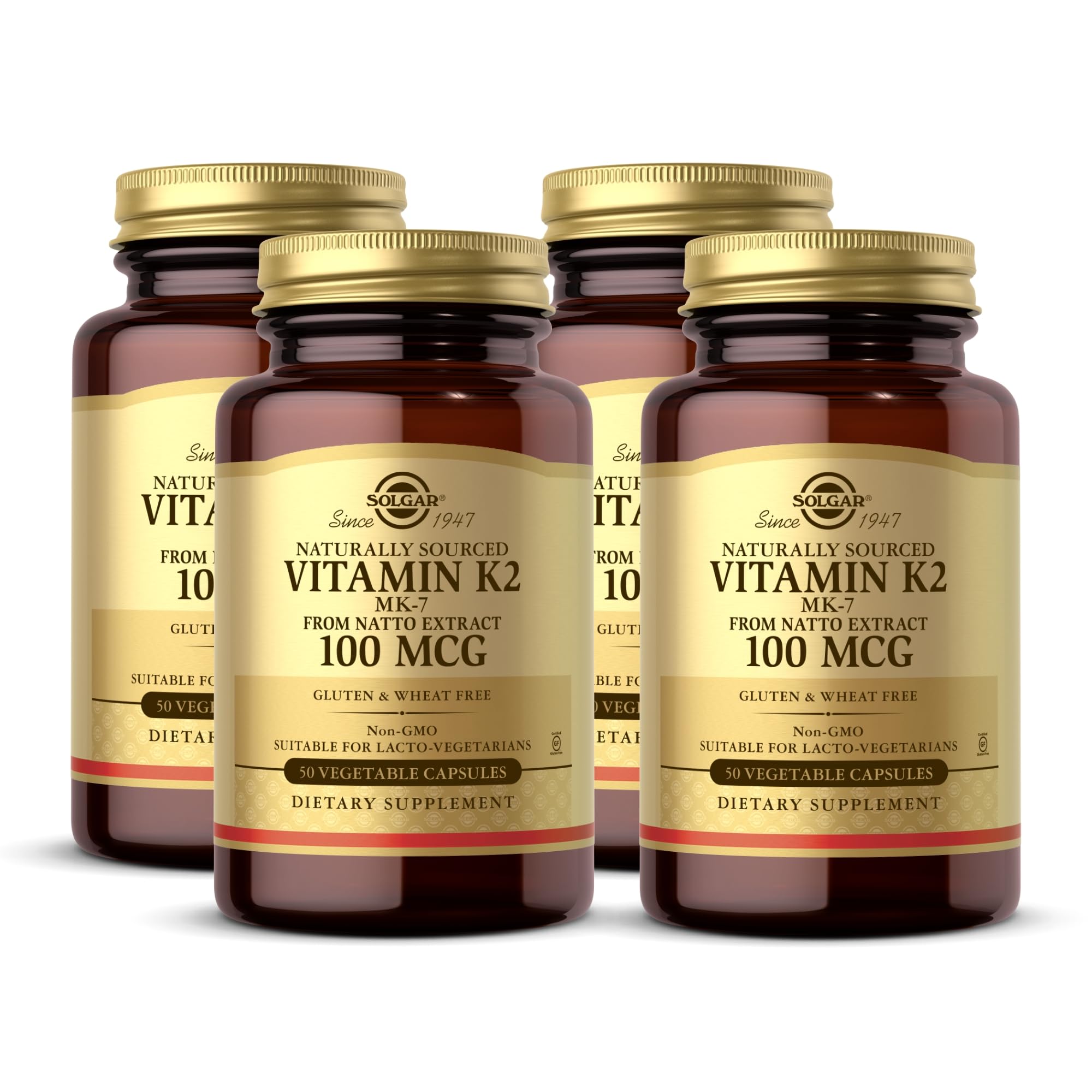 Solgar Vitamin K2 MK-7 100 mcg – Natto Whole-Food Source, 50 Vegetable Capsules x4 (200 Servings) – Non-GMO, Gluten Free