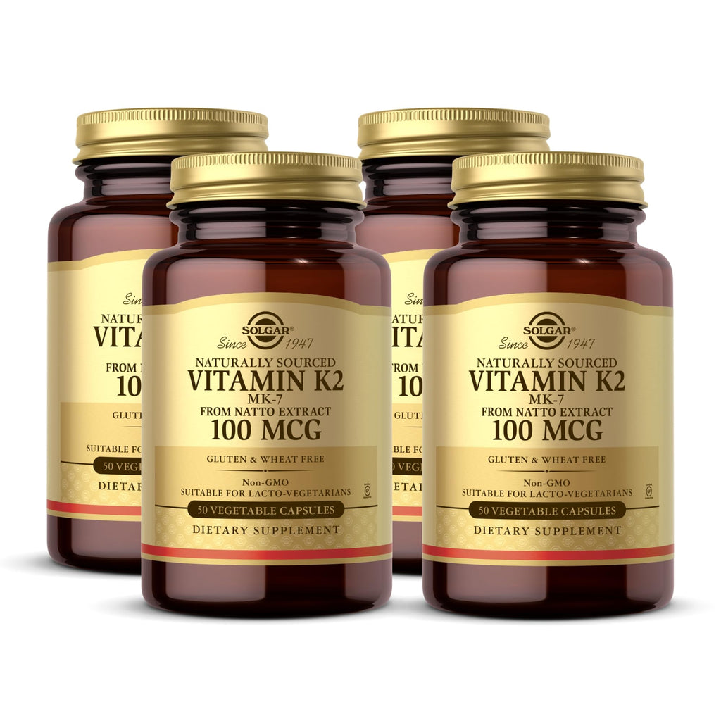 Solgar Vitamin K2 MK-7 100 mcg – Natto Whole-Food Source, 50 Vegetable Capsules x4 (200 Servings) – Non-GMO, Gluten Free