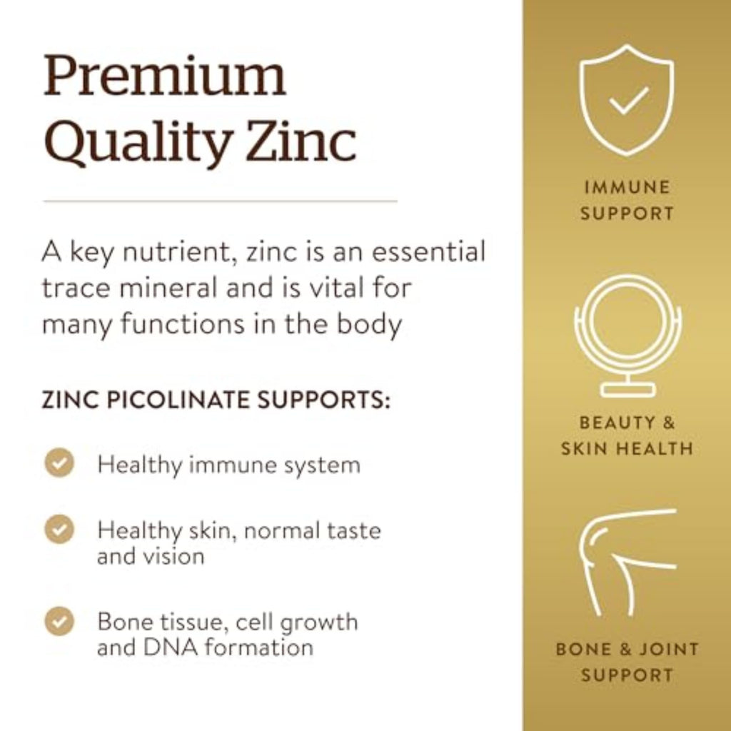 Solgar Zinc Picolinate 22 mg - 100 Tablets | Immune Support & Healthy Skin | Vegan
