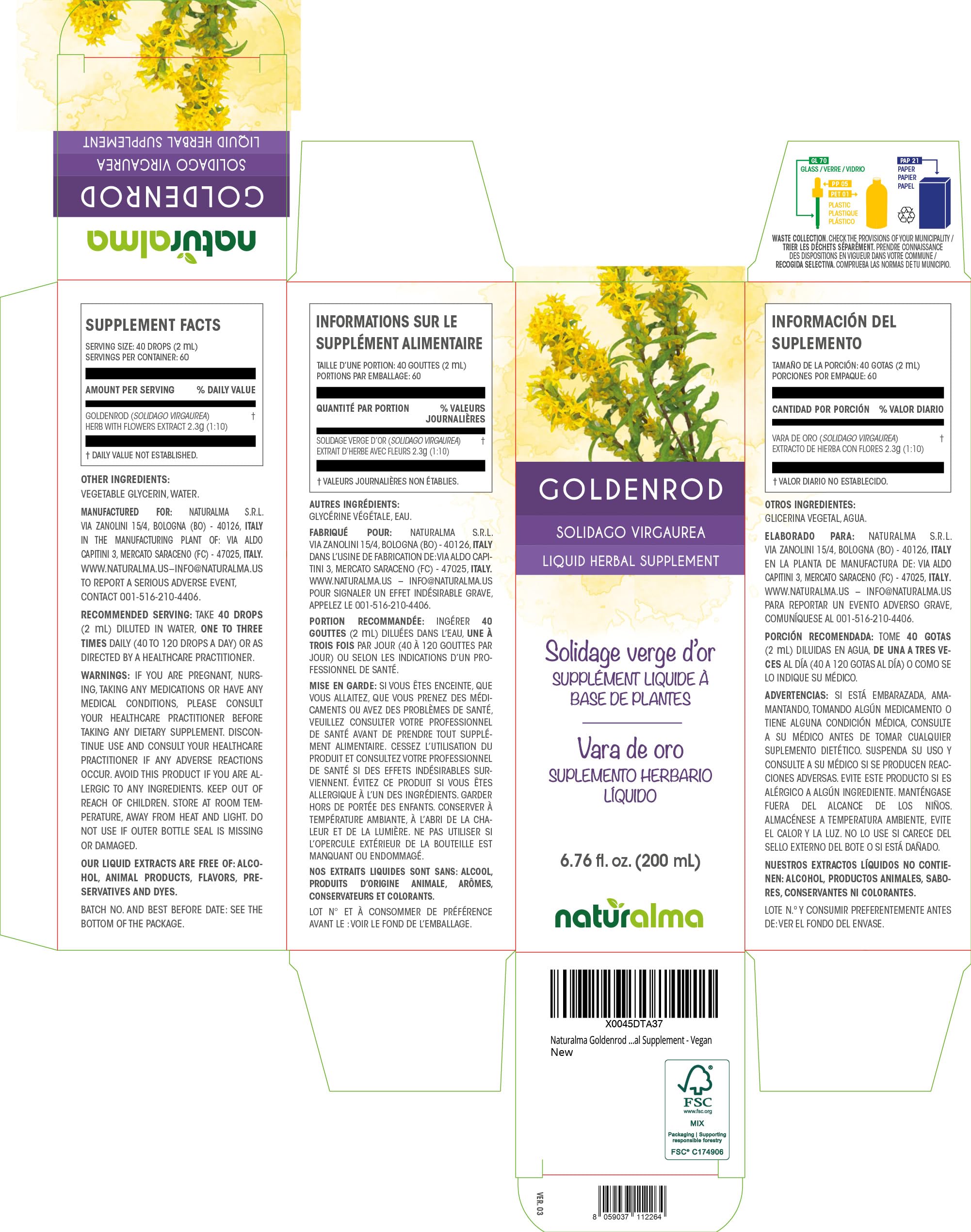 Naturalma Goldenrod Tincture 1:10 Alcohol-Free Drops, Vegan