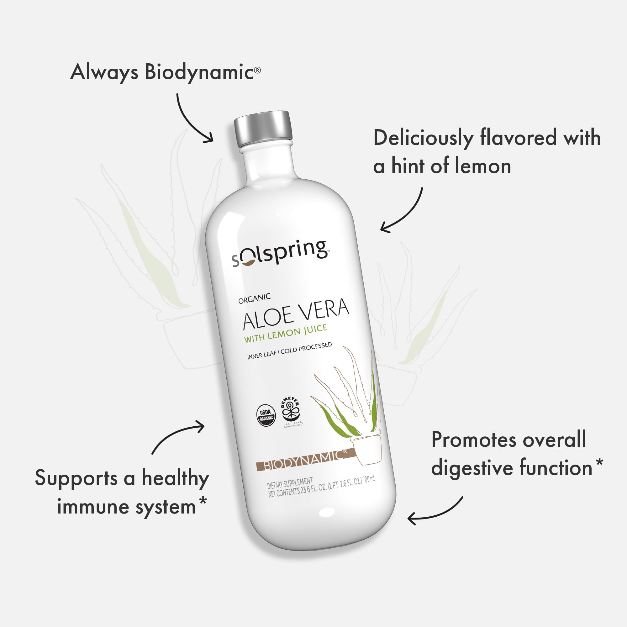 Solspring Biodynamic Organic Aloe Vera Juice with Lemon – 700 mL (23.6 fl oz), USDA Organic, Unpasteurized | Dr. Mercola