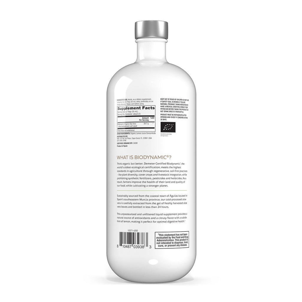 Solspring Biodynamic Organic Aloe Vera Juice with Lemon – 700 mL (23.6 fl oz), USDA Organic, Unpasteurized | Dr. Mercola