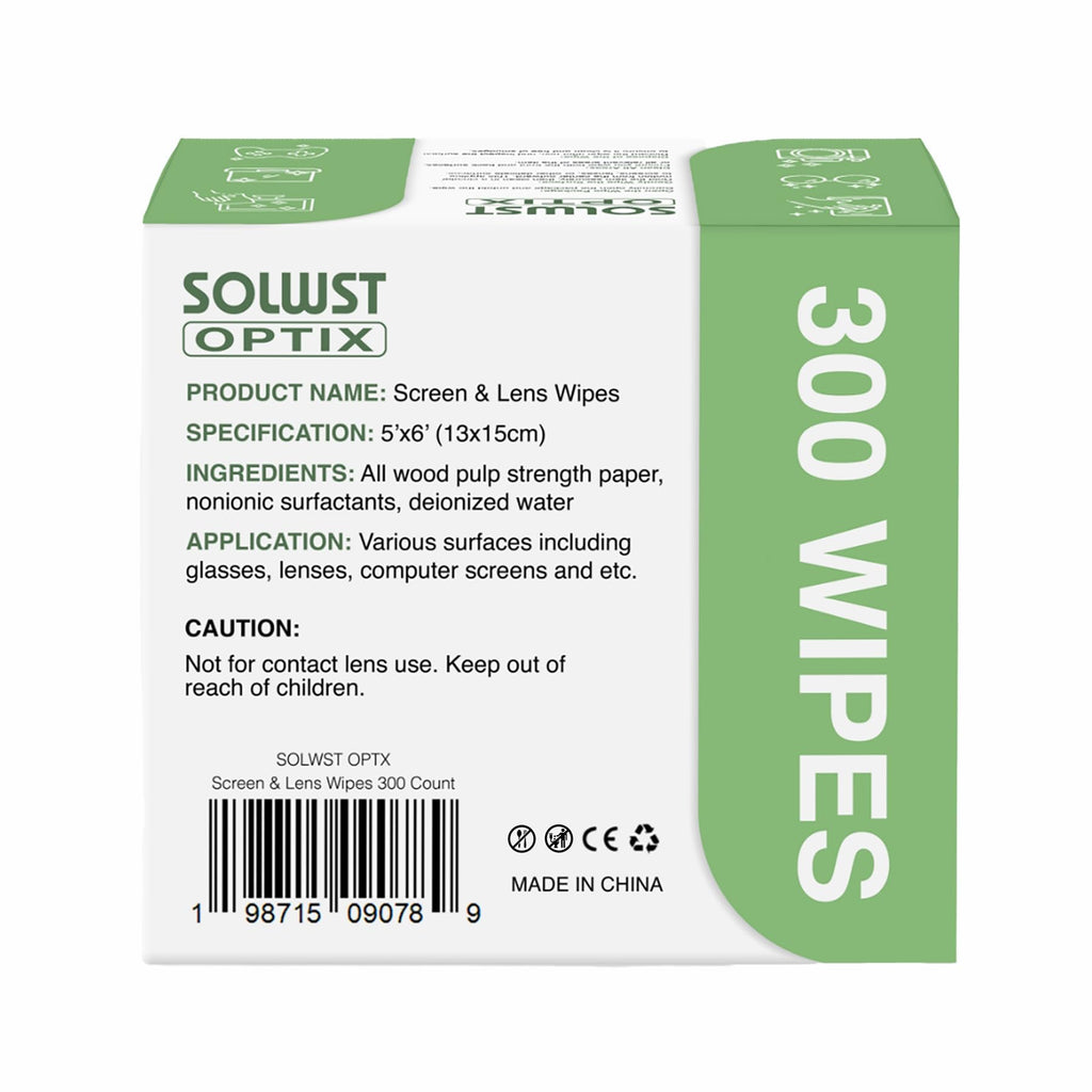 SOLWST Optix Lens Cleaning Wipes – 300 Pre-Moistened, Individually Wrapped for Glasses, Lenses & Screens