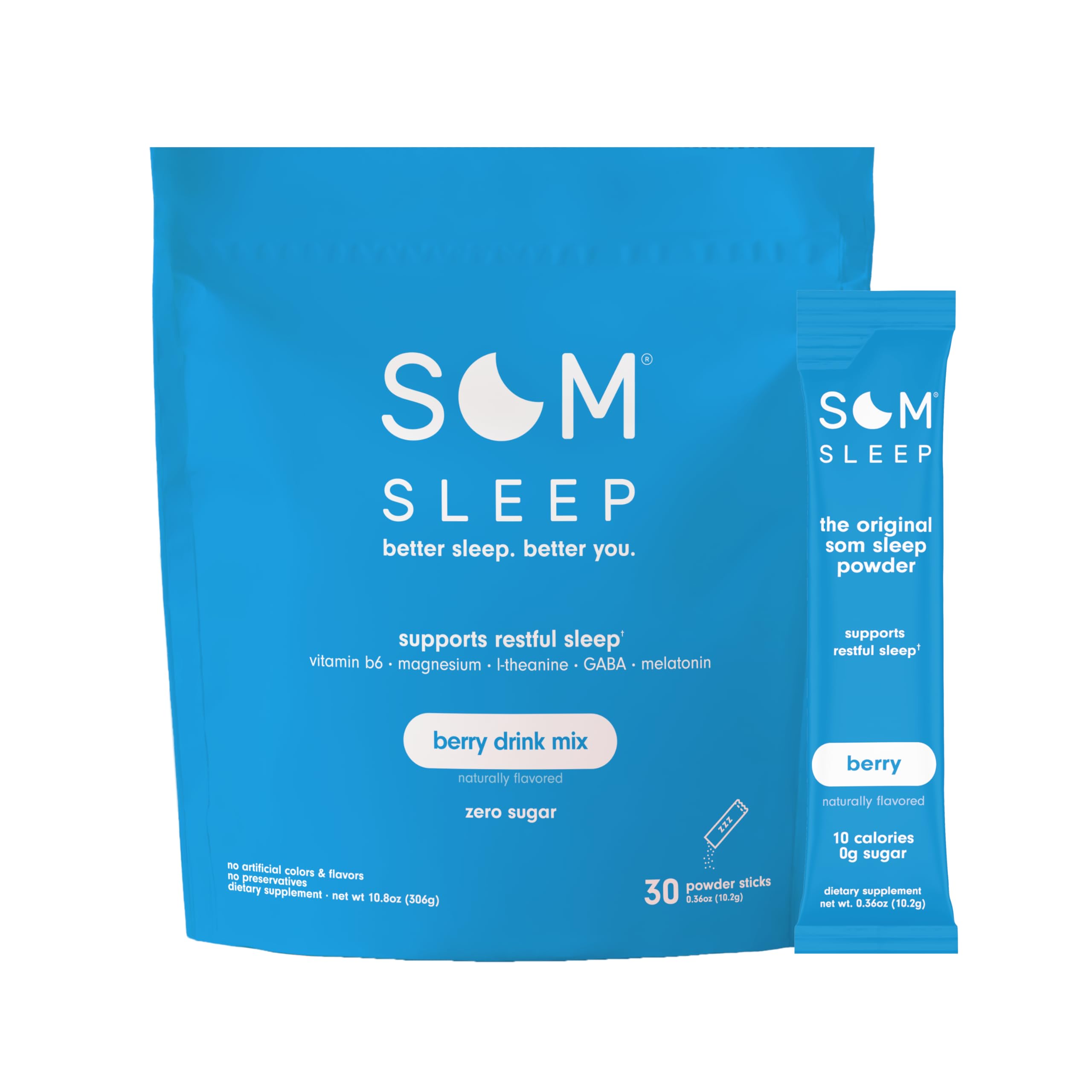 Som Sleep Calm Sleep Nighttime Powder Drink Mix — Berry, Melatonin 3mg, Magnesium, L-Theanine & GABA | Vegan, Zero Sugar, 30-Pack